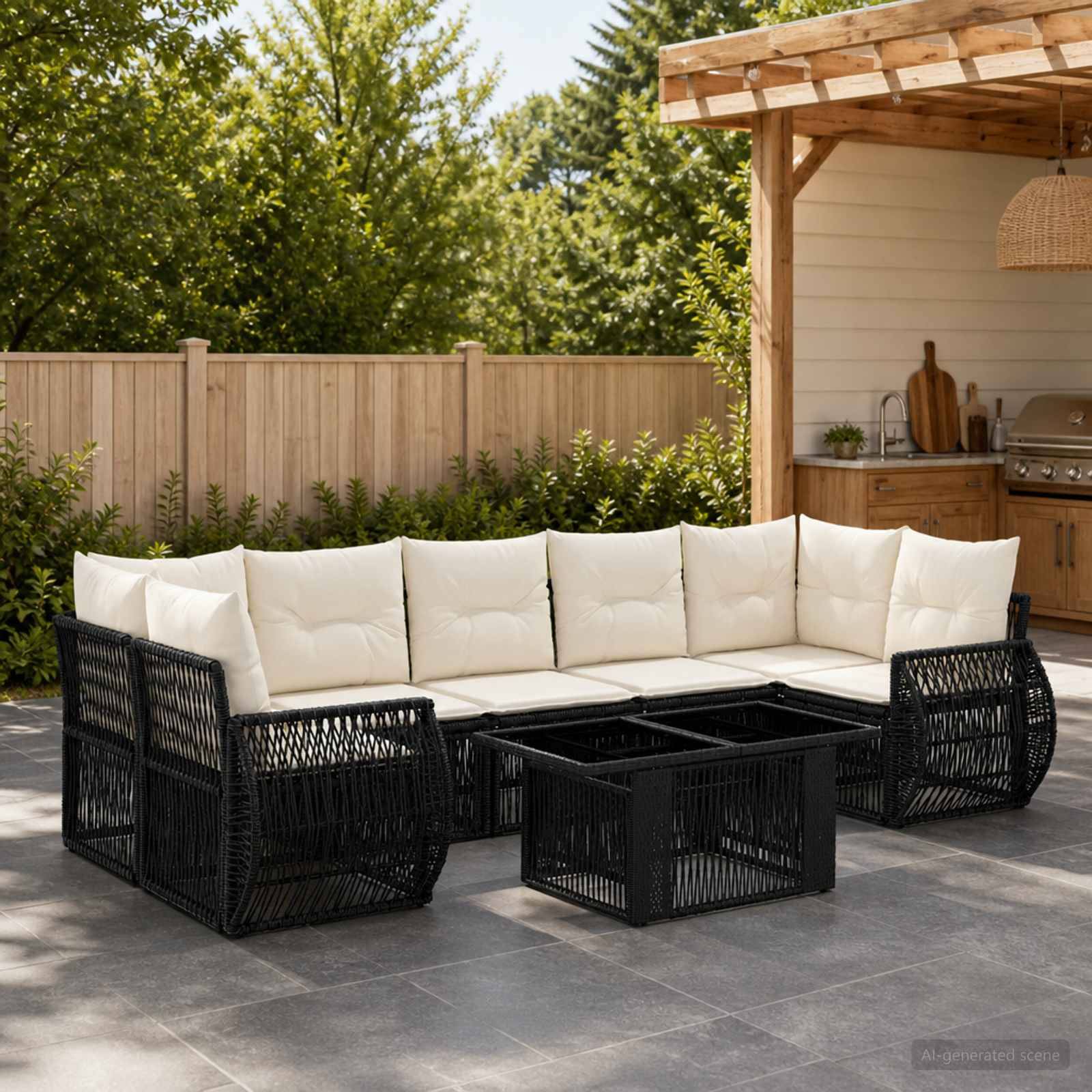 Gartenmöbel-Set für die Terrasse mit schwarzem Rattan-Ecksofa, weißen Kissen und zwei schwarzen Couchtischen neben einer Außenküche im Garten und einem Holzzaun.