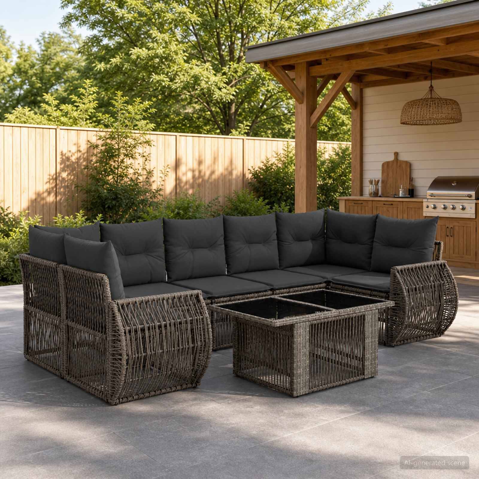 Außenbereich mit Sitzmöbeln auf der Terrasse, dunklen Rattan-Ecksofa, Glastisch und einer überdachten Grillstation im Hintergrund.