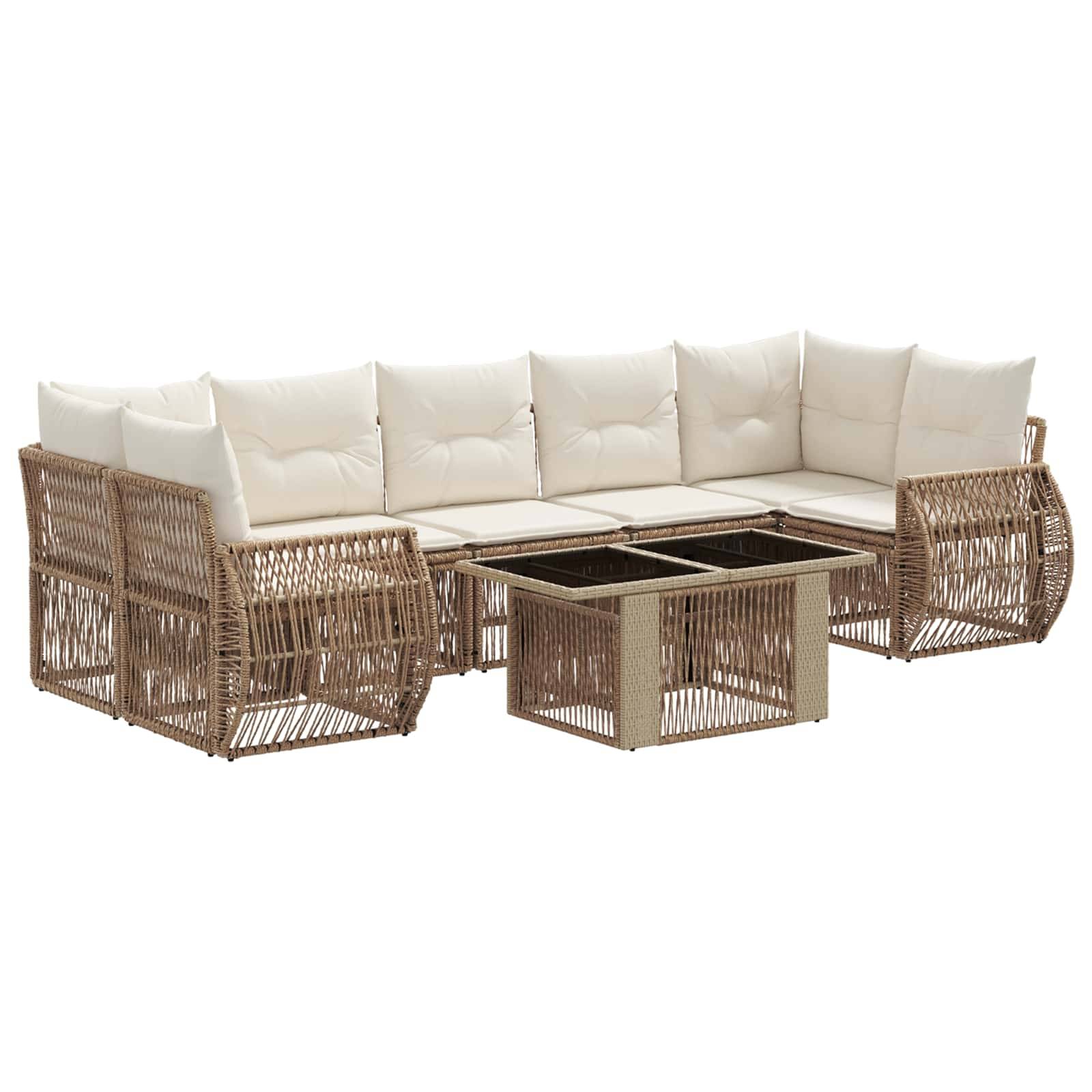 Flechtwerk Outdoor-Loungesofa-Set mit cremefarbenen Kissen und passendem Glastisch mit Glasplatte