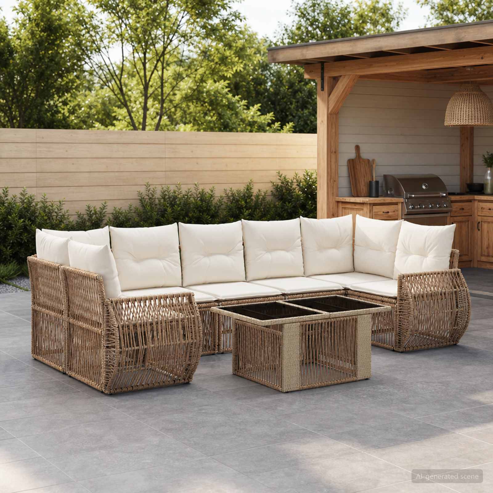 Außenbereich mit Sitzmöbeln auf der Terrasse mit einem Rattan-L-förmigen Ecksofa und cremefarbenen Kissen um einen passenden quadratischen Couchtisch neben einer Holzgrillkabine.