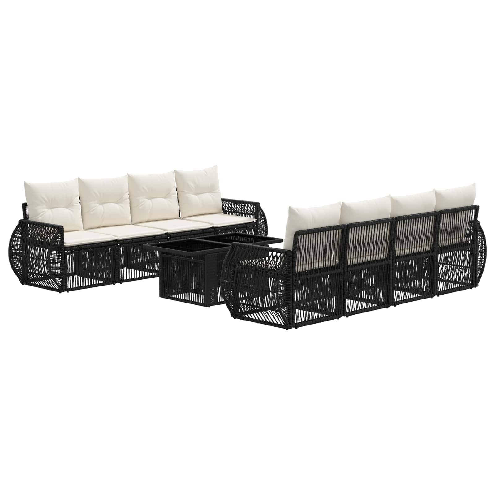 Schwarzes Gartensofaset aus Polyrattan mit cremefarbenen Kissen und passendem Glastisch