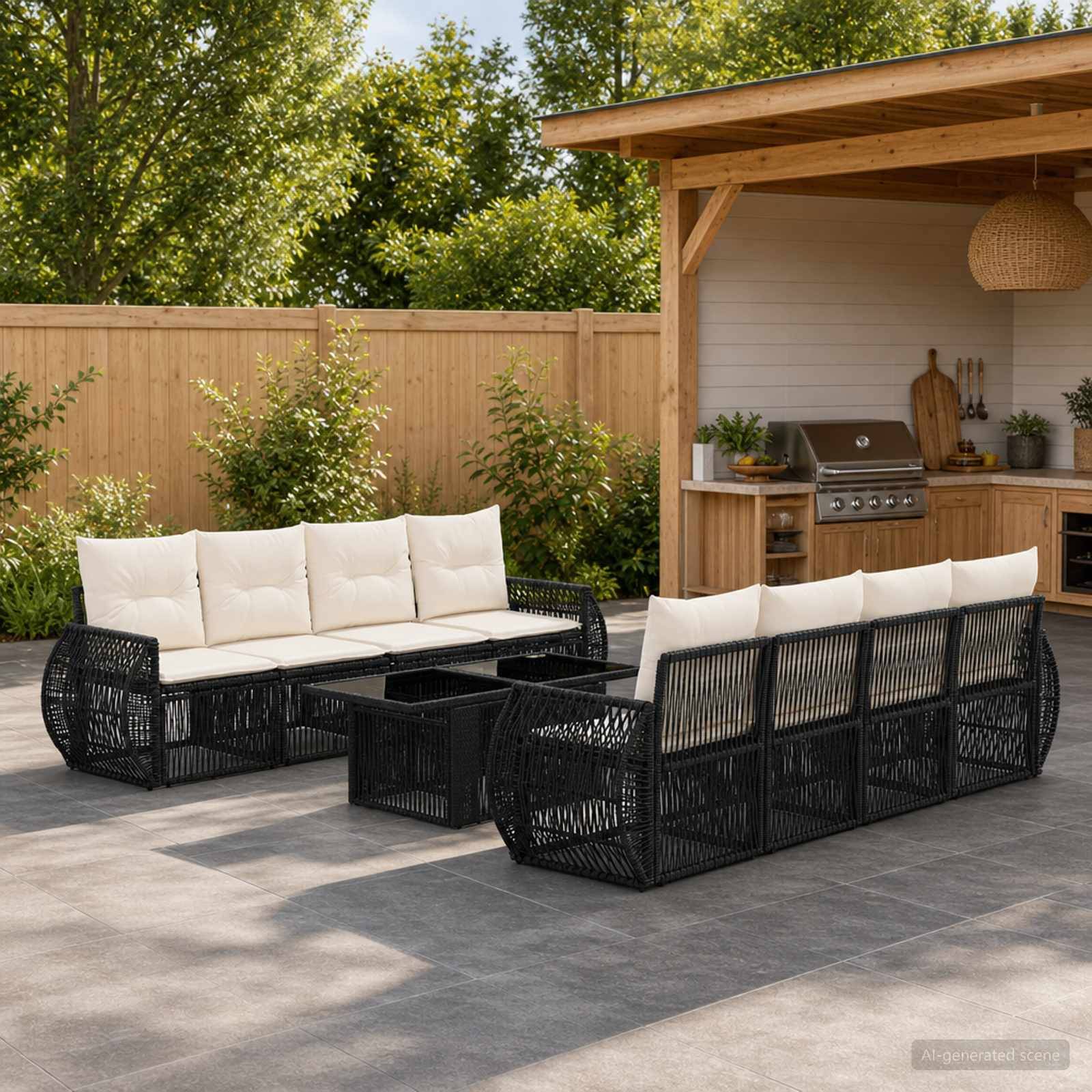 Überdachte Terrasse mit zwei schwarzen geflochtenen Sitzelementen, cremefarbenen Kissen und einem passenden Couchtisch neben einem überdachten Grillbereich und einem Zaun.