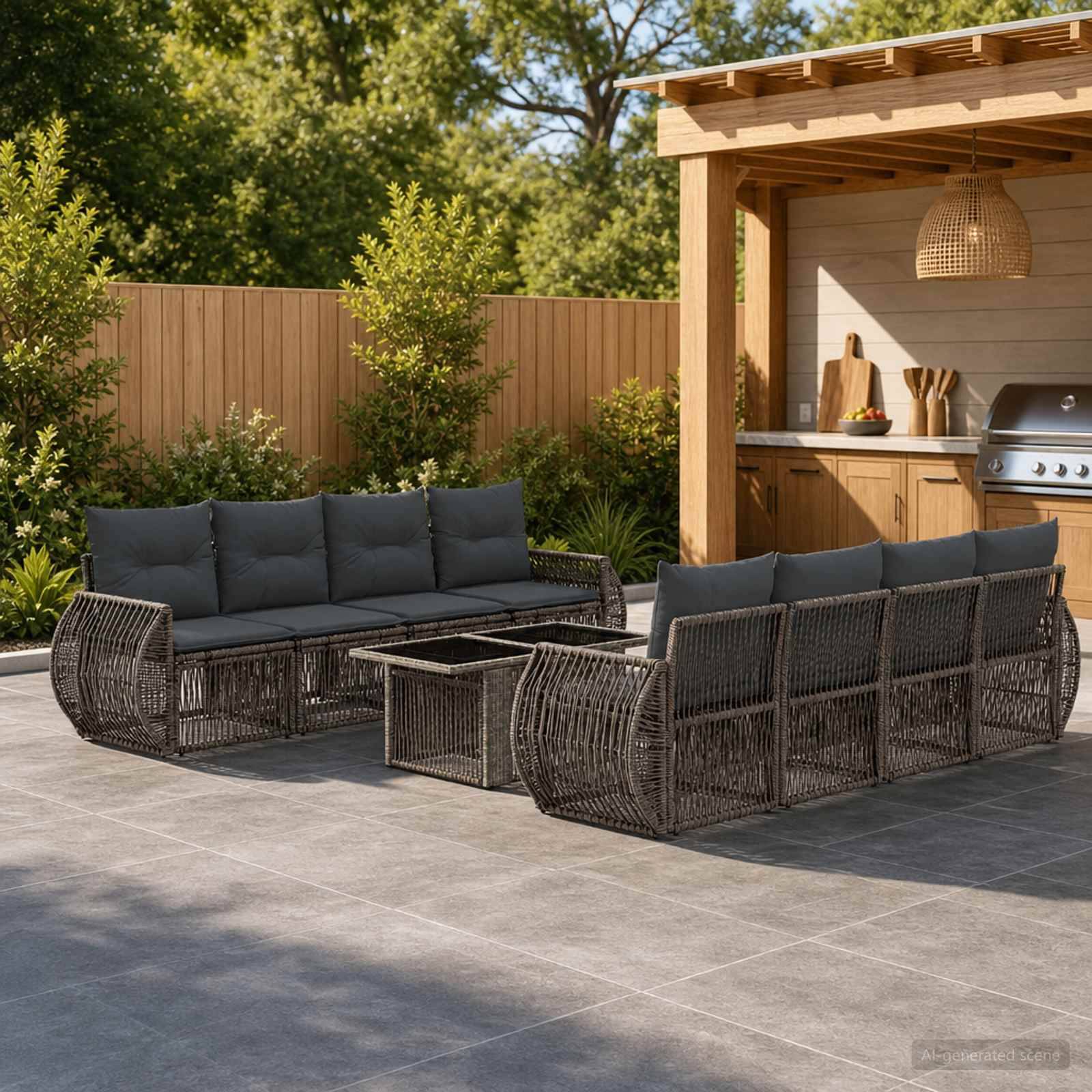 Außenterrasse mit zwei dunklen Rattansofas, passendem Couchtisch und einer integrierten Holz-Grillstation neben einem eingezäunten Garten.