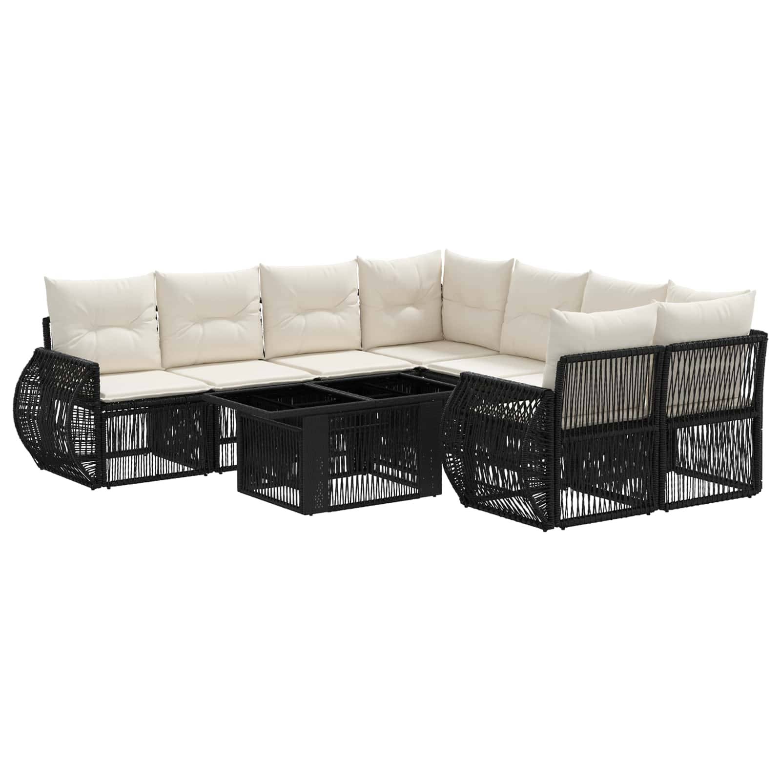 Schwarzes Rattansofa für den Außenbereich mit cremefarbenen Kissen, gebogenem Eckbereich und armloser Mittelbankgarnitur, auf weißem Hintergrund dargestellt.