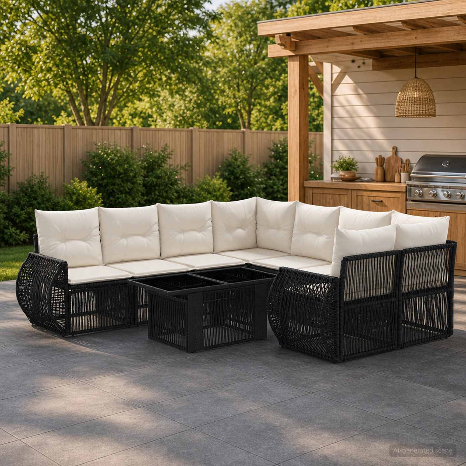 Outdoor-Terrasse mit schwarzem Rattan-Ecksofa und weißen Kissen um einen quadratischen Couchtisch neben einer Holz-Außenküche und Grill.