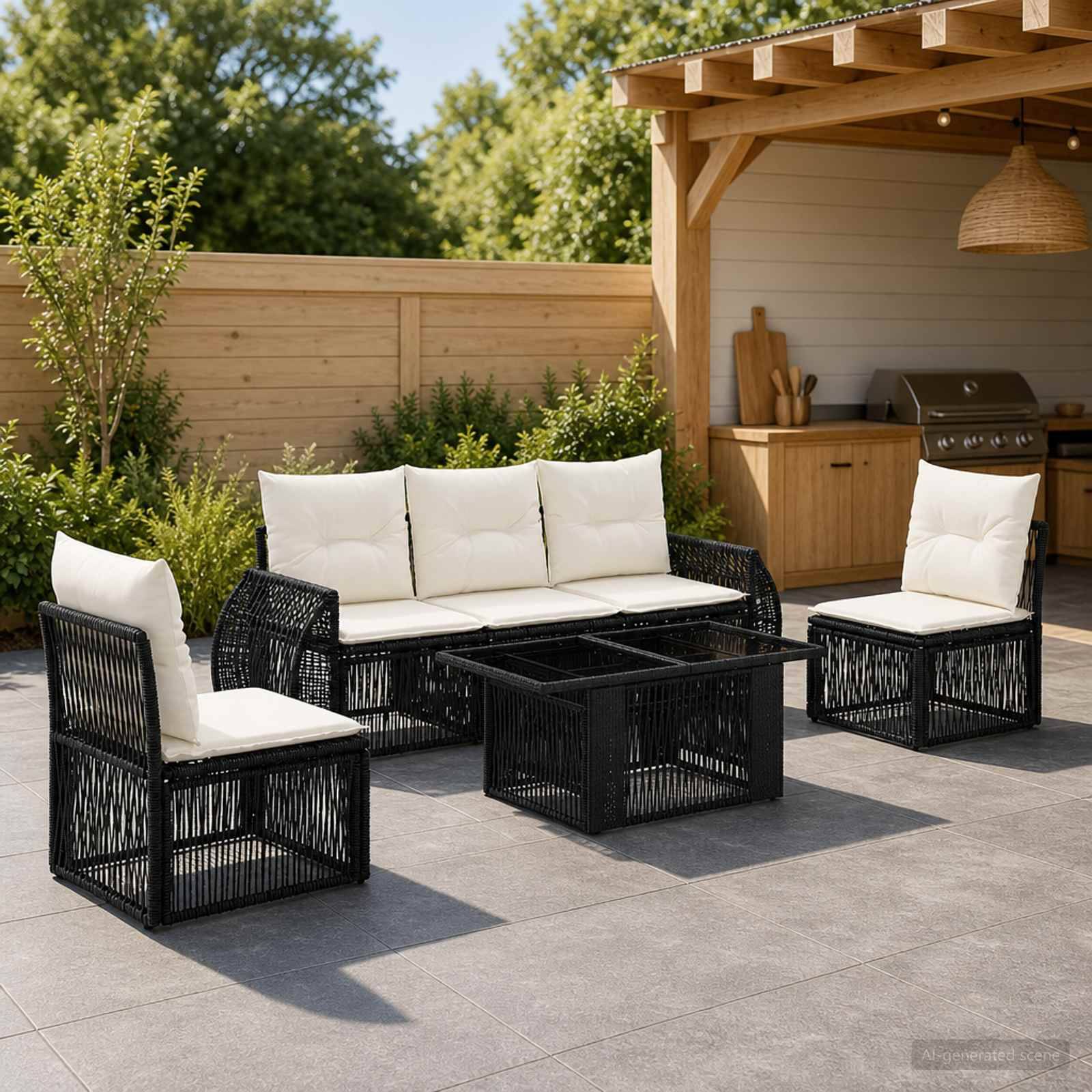 Gartenbereich mit Sitzgruppe aus schwarzem geflochtenem Rattan-Sofa, zwei Stühlen und einem quadratischen Couchtisch auf grauen Pflastersteinen neben einem Gartenpavillon mit Küche.