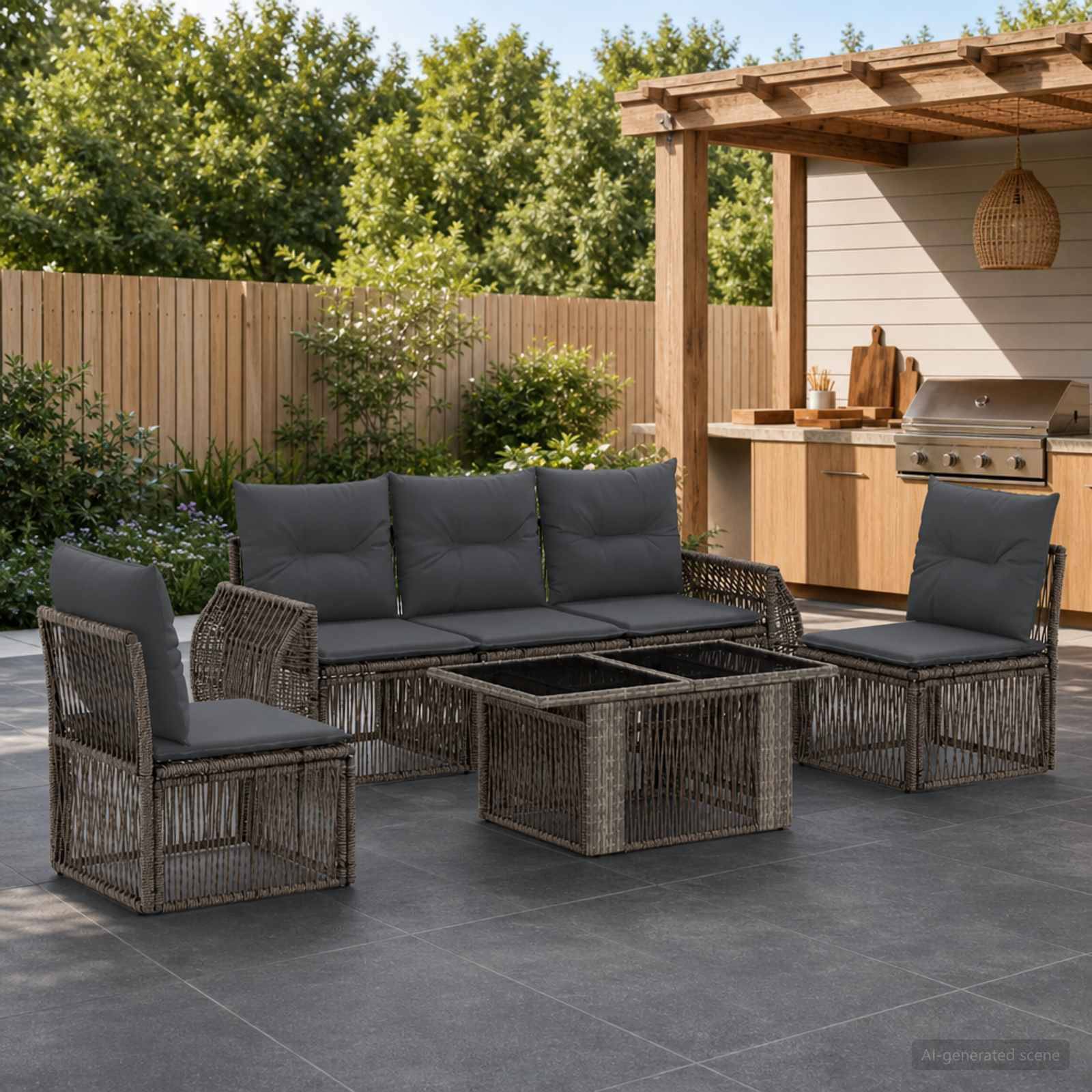 Gartenlounge-Set mit Korbsofa, Stühlen und Couchtisch neben einer überdachten Außenküche und einem Grill in einem angelegten Hinterhof.