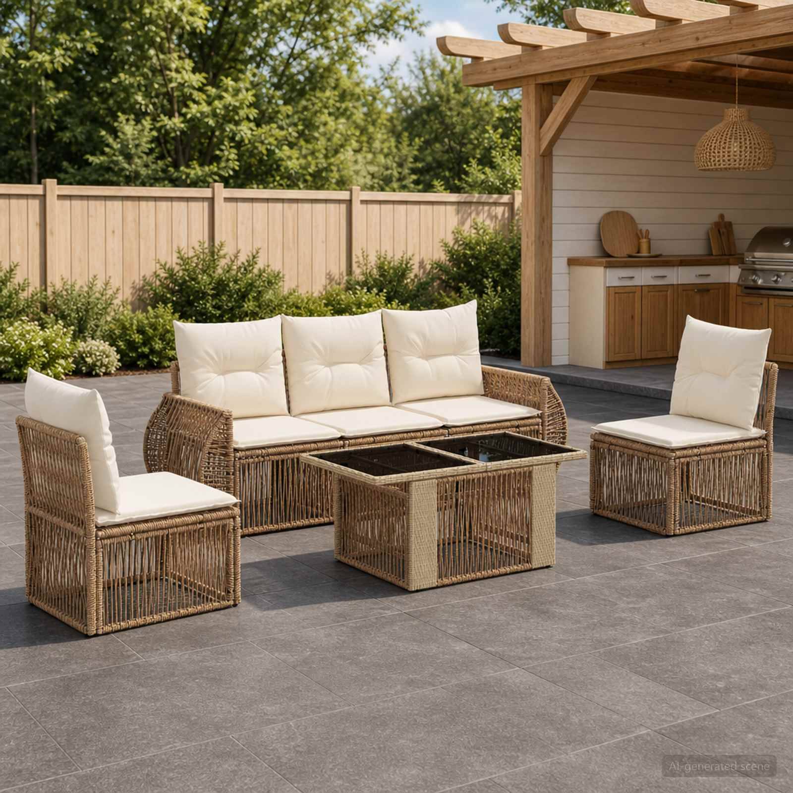 Outdoor-Terrassenbestuhlung mit Korbsofa, zwei Stühlen und einem Couchtisch auf einer gepflasterten Hinterhofterrasse neben einer überdachten Außenküche.