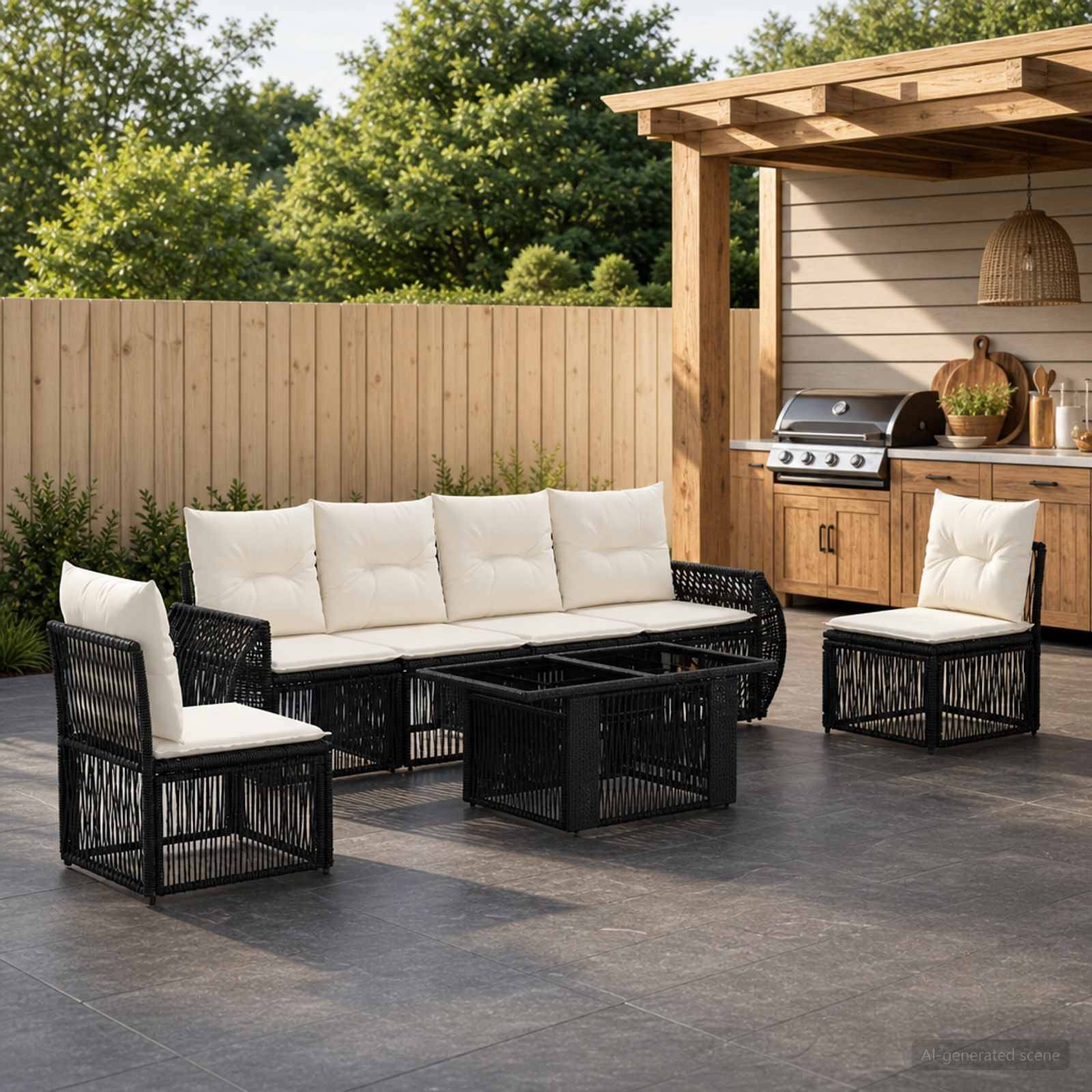 Moderne Außenterrasse mit schwarzem Rattansofa, Stühlen und Couchtisch neben einer eingebauten Holzbar und einem Grill.