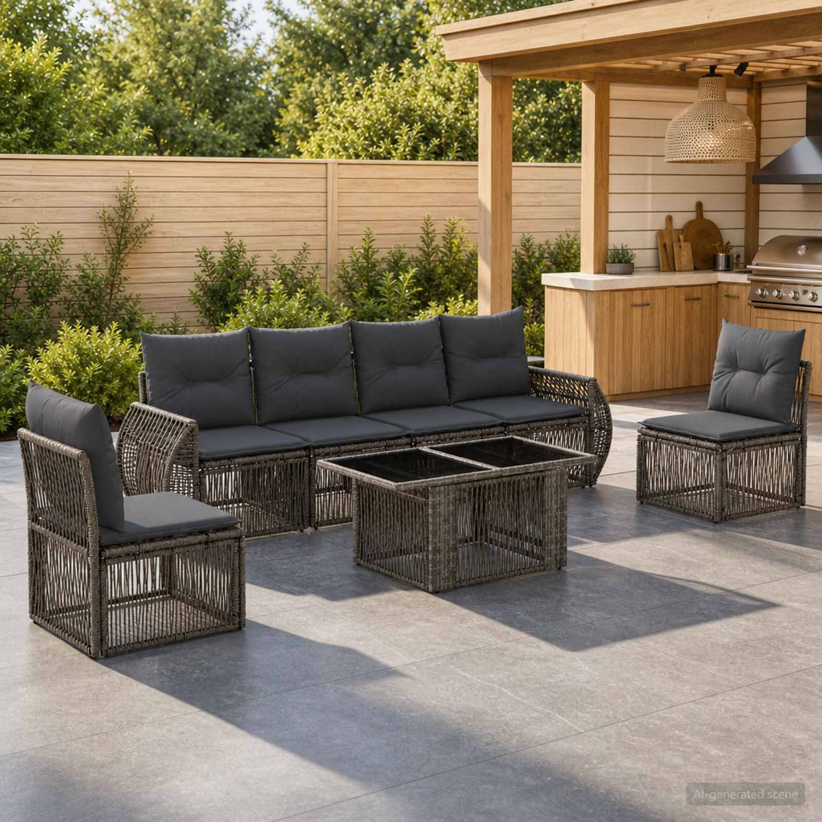 Außenbereich mit Terrassensitzplatz, bestehend aus dunklem Rattansofa, zwei Stühlen und Glastisch neben einer Holzpergola und einem Grill
