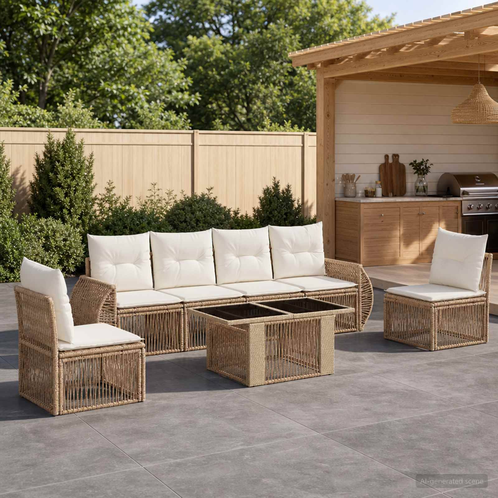 Terrassengarnitur im Freien mit Korbsofa, zwei Stühlen und einem quadratischen Couchtisch auf einer Betonterrasse neben einer Holzpergola und einer Außenküche.