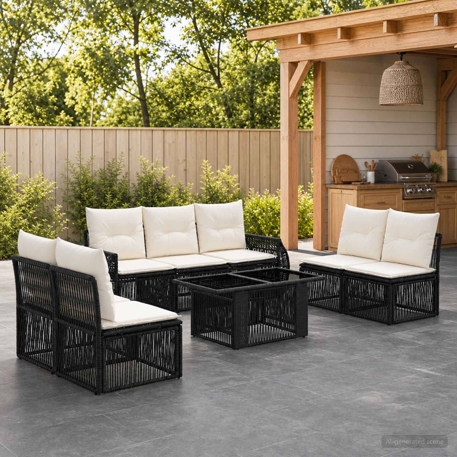 Gartenbesteck mit schwarzen Rattansofas, passenden Tischen und weißen Kissen neben einer hölzernen Pergola und Grillbereich.