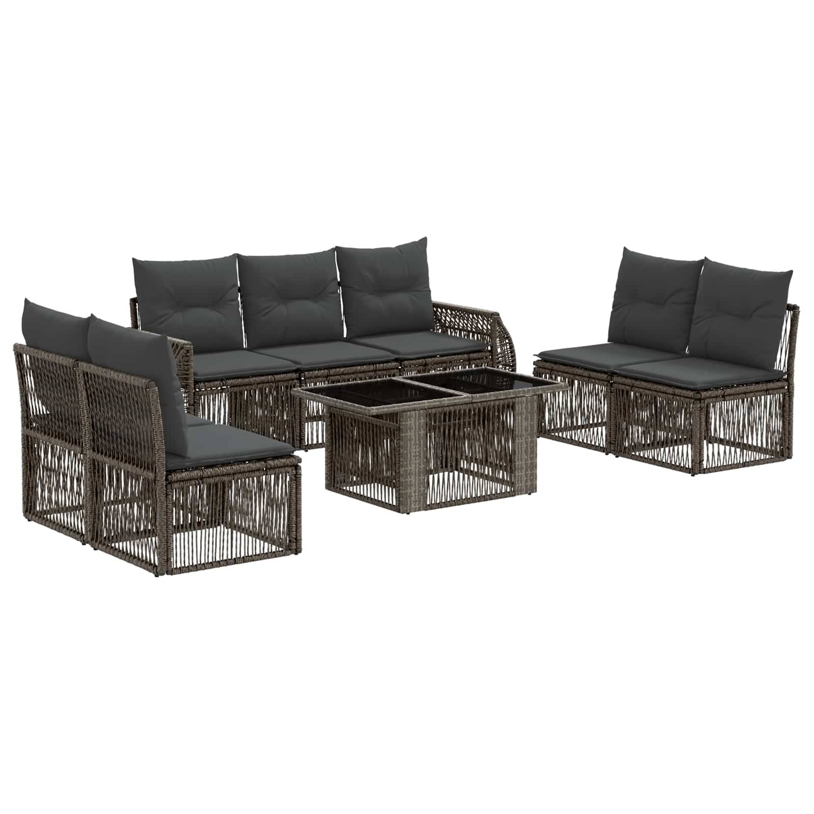 Gartensitzgruppe aus Rattan mit zwei Sofas, zwei Sesseln und einem quadratischen Couchtisch mit Glasplatte auf weißem Hintergrund.