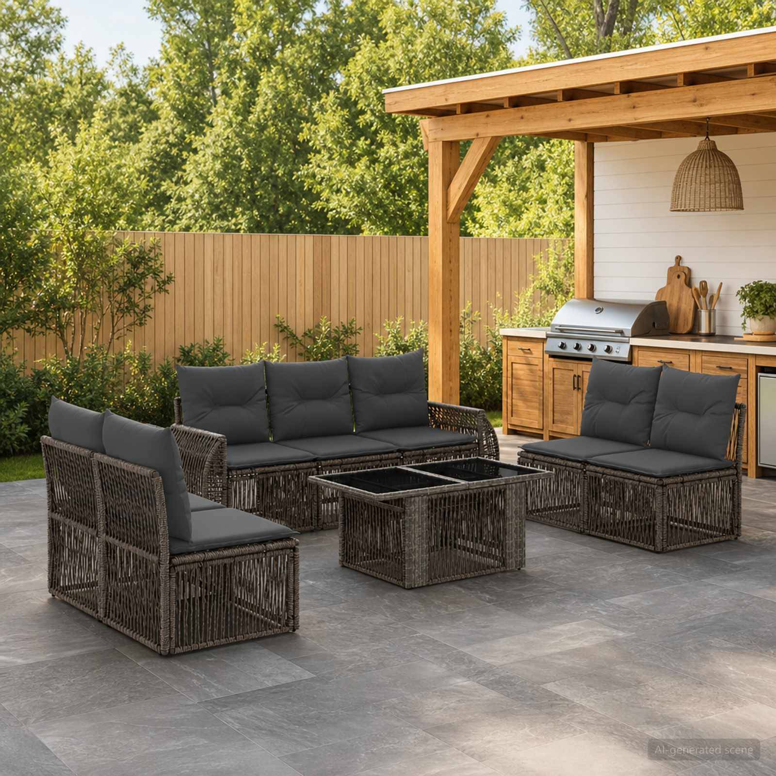 Outdoor-Terrasse mit Rattanecksofa, Couchtisch und Grill unter einer überdachten Pergola neben einem Hofzaun.
