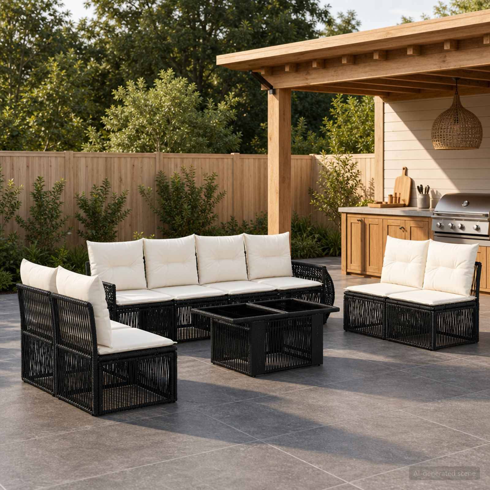 Gartenplatz-Sitzgarnitur mit schwarzen Rattansofas und weißen Kissen um einen niedrigen Tisch neben einer überdachten Außenküche und einem Grill.
