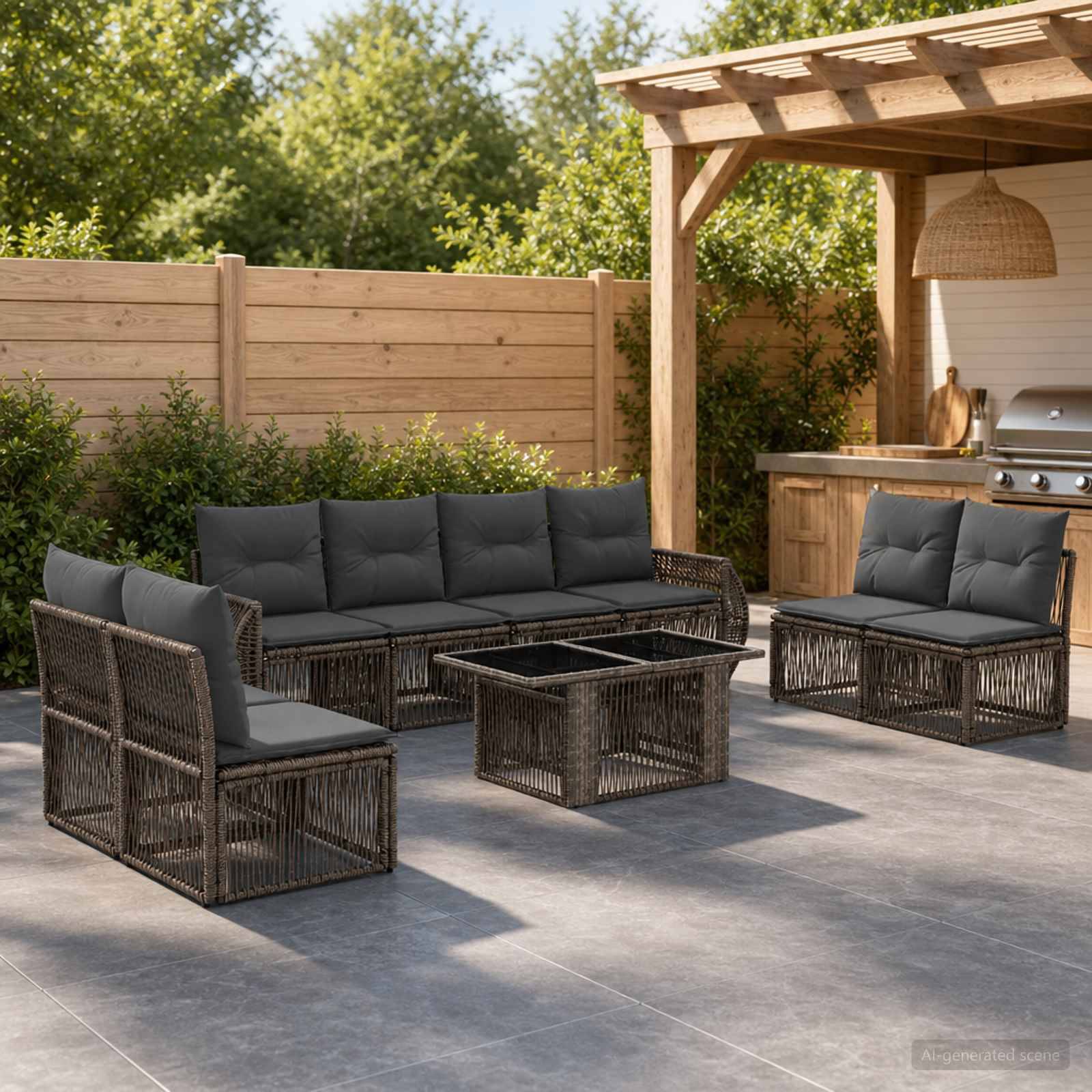 Outdoor-Sitzgarnitur mit dunklem Rattansofa, Stühlen und Couchtisch unter einer Pergola neben einem Grillbereich im Hinterhof.