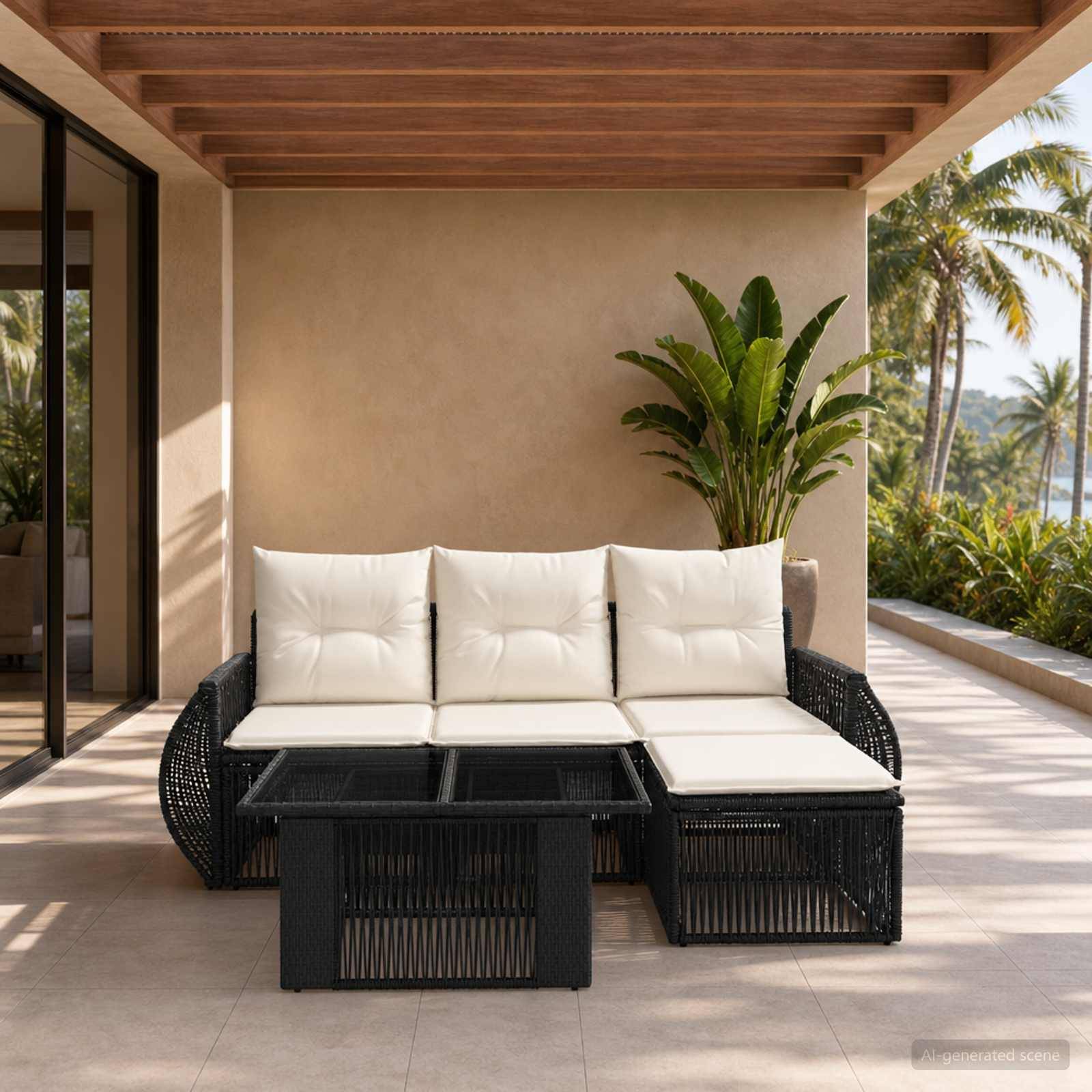 Ein schwarzes Flechtsofa für den Außenbereich mit weißen Kissen und ein Glascouchtisch stehen auf einer überdachten Terrasse neben tropischen Pflanzen und Palmen.