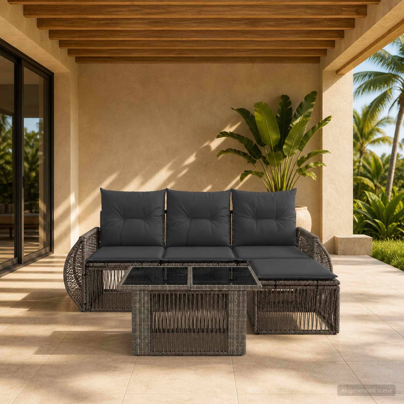 Outdoor-Terrasse mit Rattan-Ecksofa, dunklen Kissen und Glastisch-Couchtisch unter einer Holzpergola, neben tropischen Pflanzen.