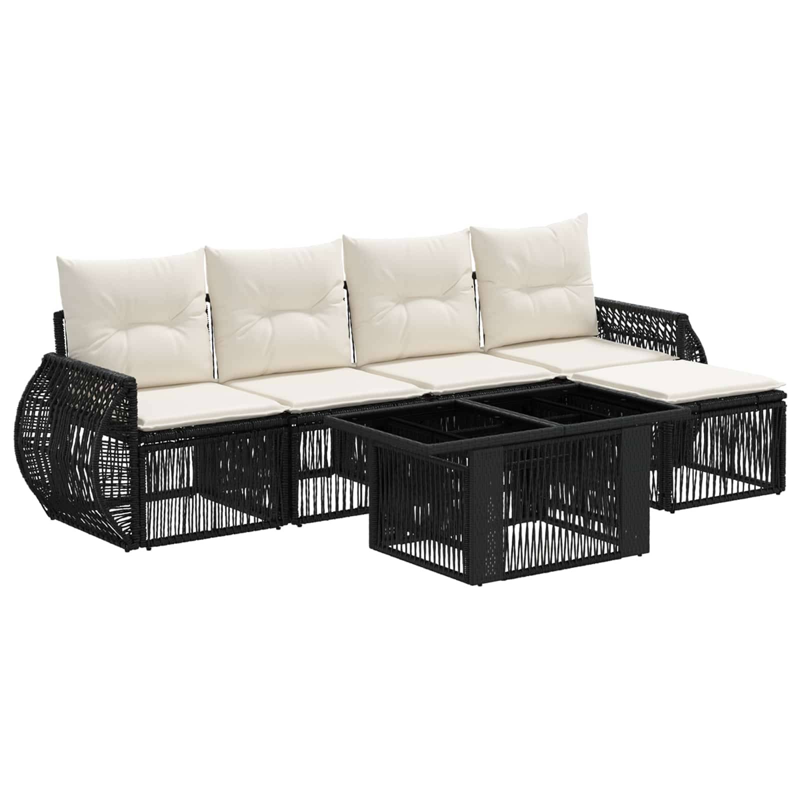 Schwarzes geflochtenes Outdoor-Modulsofa mit weißen Kissen und mehreren integrierten Stauraum- oder Beistelltischen.
