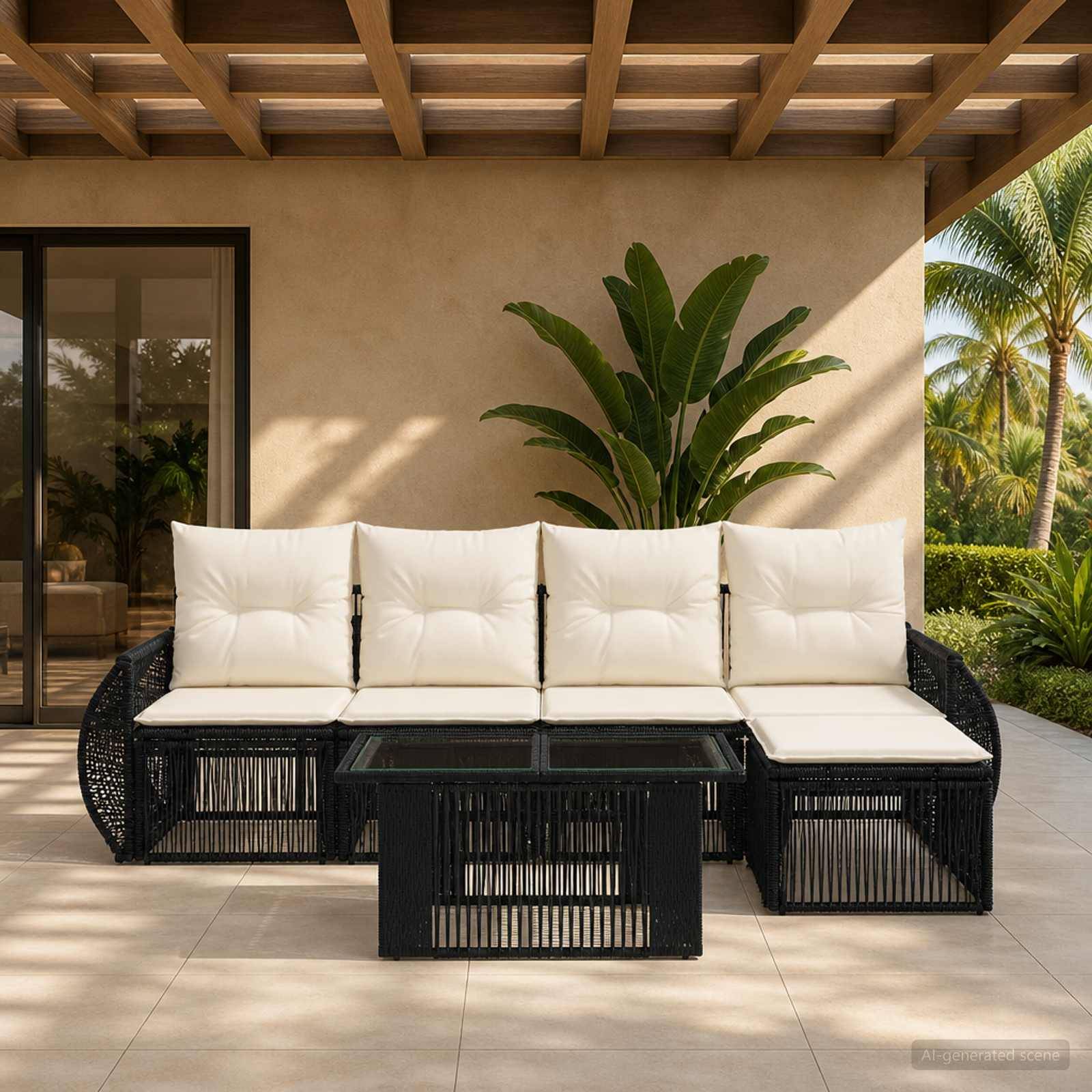 Schwarzes Rattan-Außensofaset mit weißen Kissen und passendem Couchtisch auf einer überdachten Terrasse, mit tropischen Pflanzen im Hintergrund.
