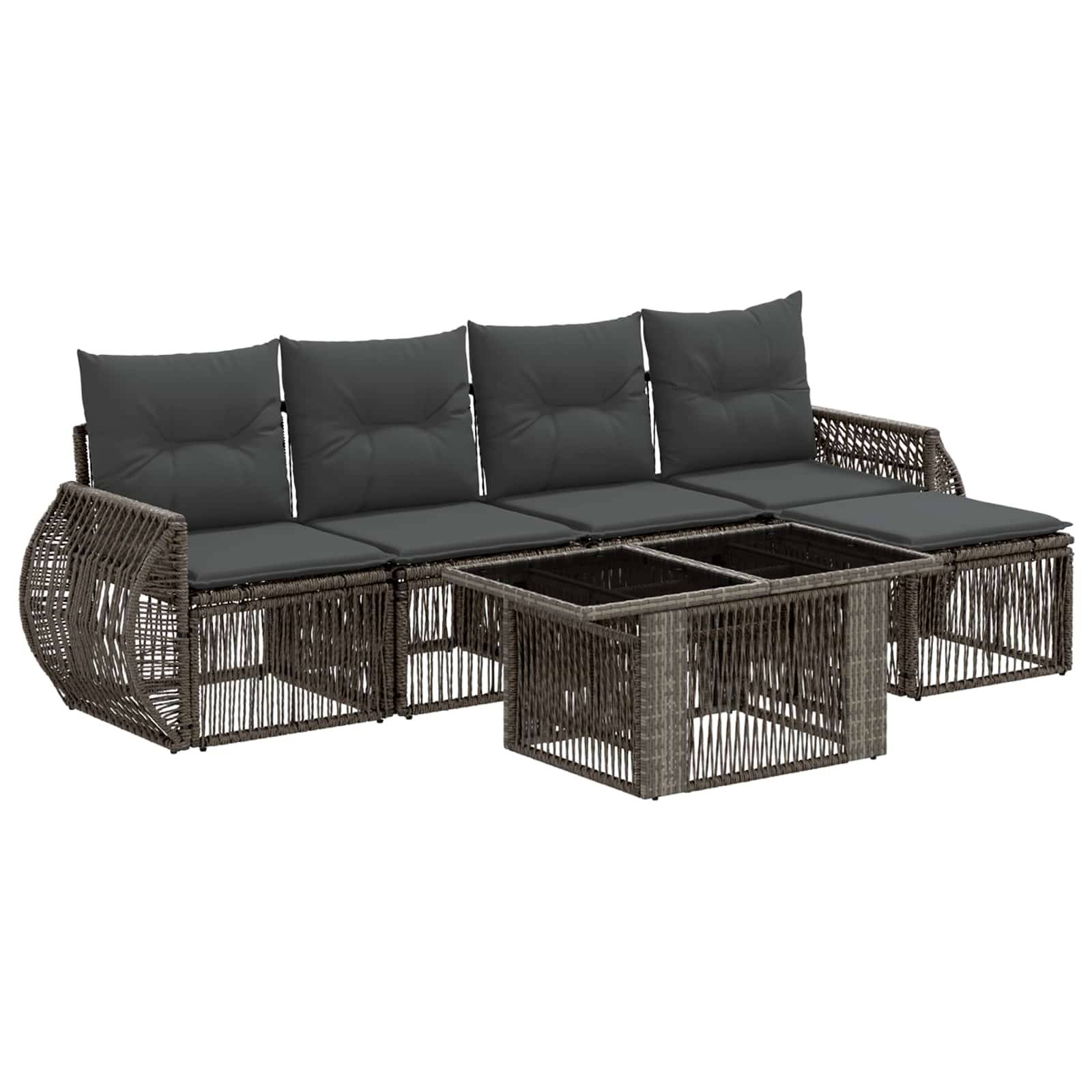 Braune Rattan-Gartensofagarnitur mit dunkelgrauen Kissen und integrierten quadratischen Couchtisch-Elementen