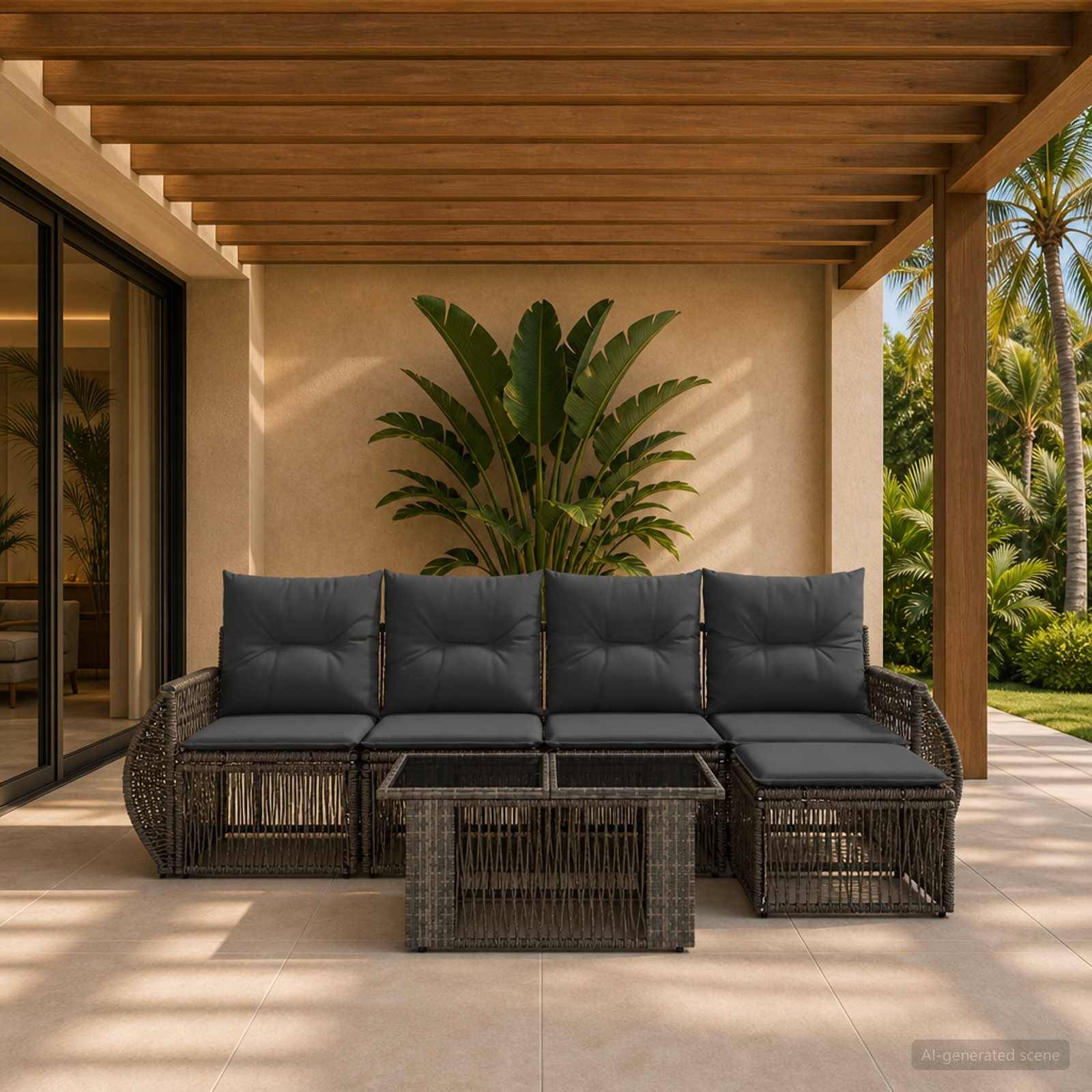 Überdachte Terrasse mit dunkelm Rattan-Ecksofa, glsernen Couchtischen und einer großen getopften Tropenpflanze mit Blick auf einen sonnigen angelegten Garten.