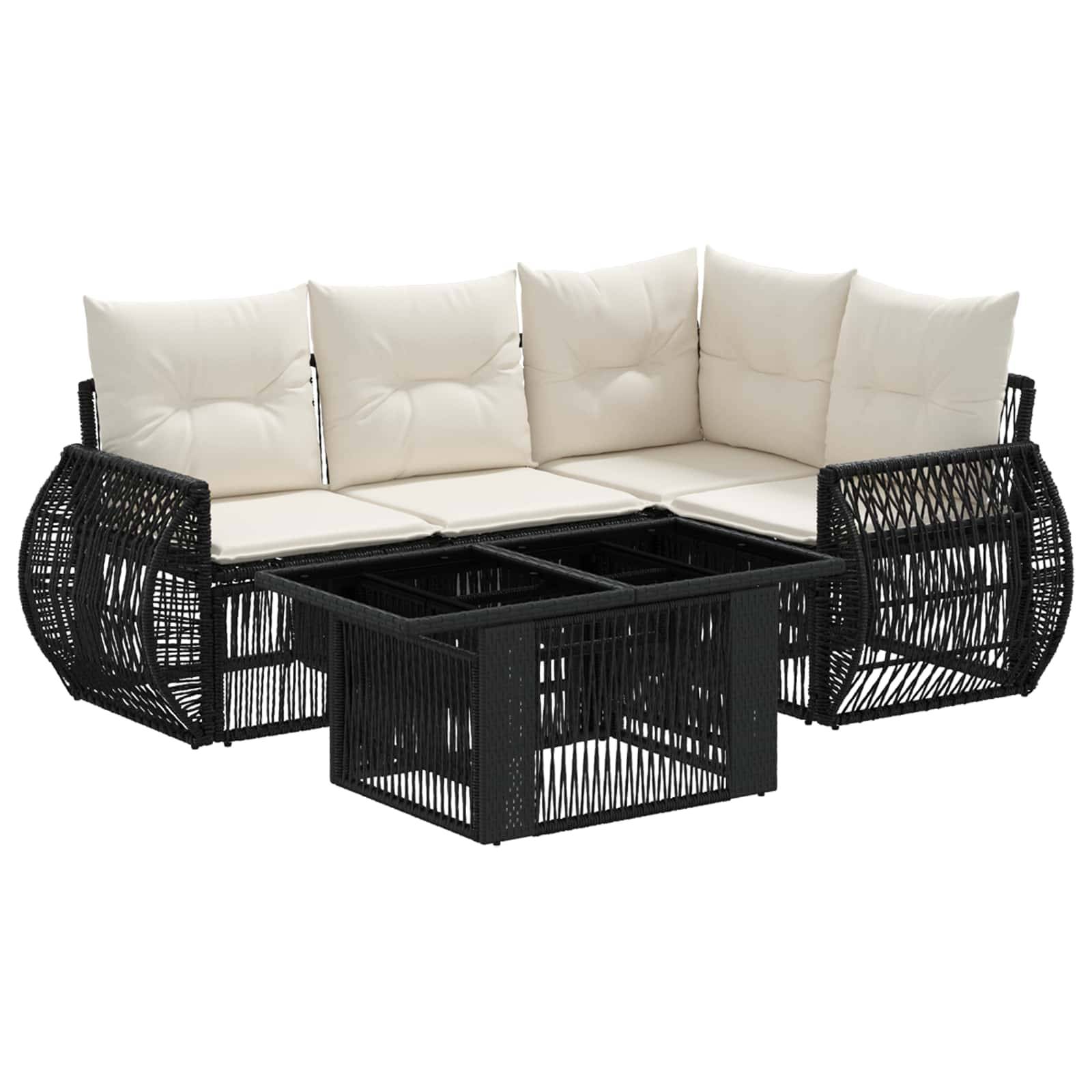 Schwarzes Polyrattan-Ecksofa im L-Format für den Außenbereich mit weißen Kissen und passendem Couchtisch mit Glasplatte.