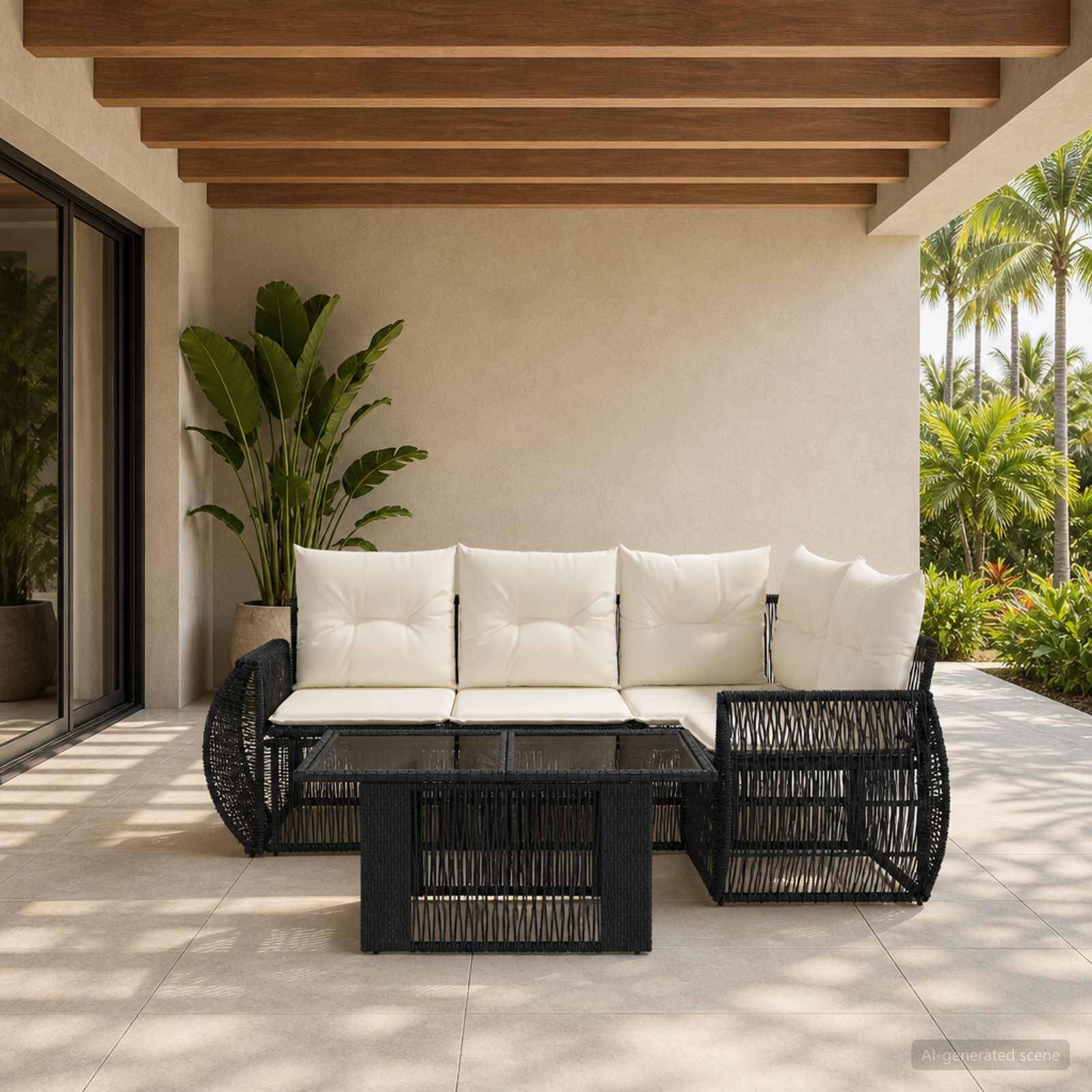 Überdachte Terrasse mit schwarzem gewebtem Outdoor-Sofa, weißen Kissen, passendem Tisch, Topfpflanze und Aussicht auf tropische Palmen.
