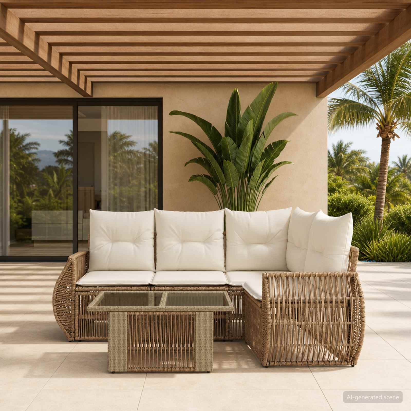 Moderner Terrassenbereich mit Rattan-Ecksofa, weißen Kissen, Glastisch und tropischer Palmenlandschaftsgestaltung unter einer Lamellenpergola.