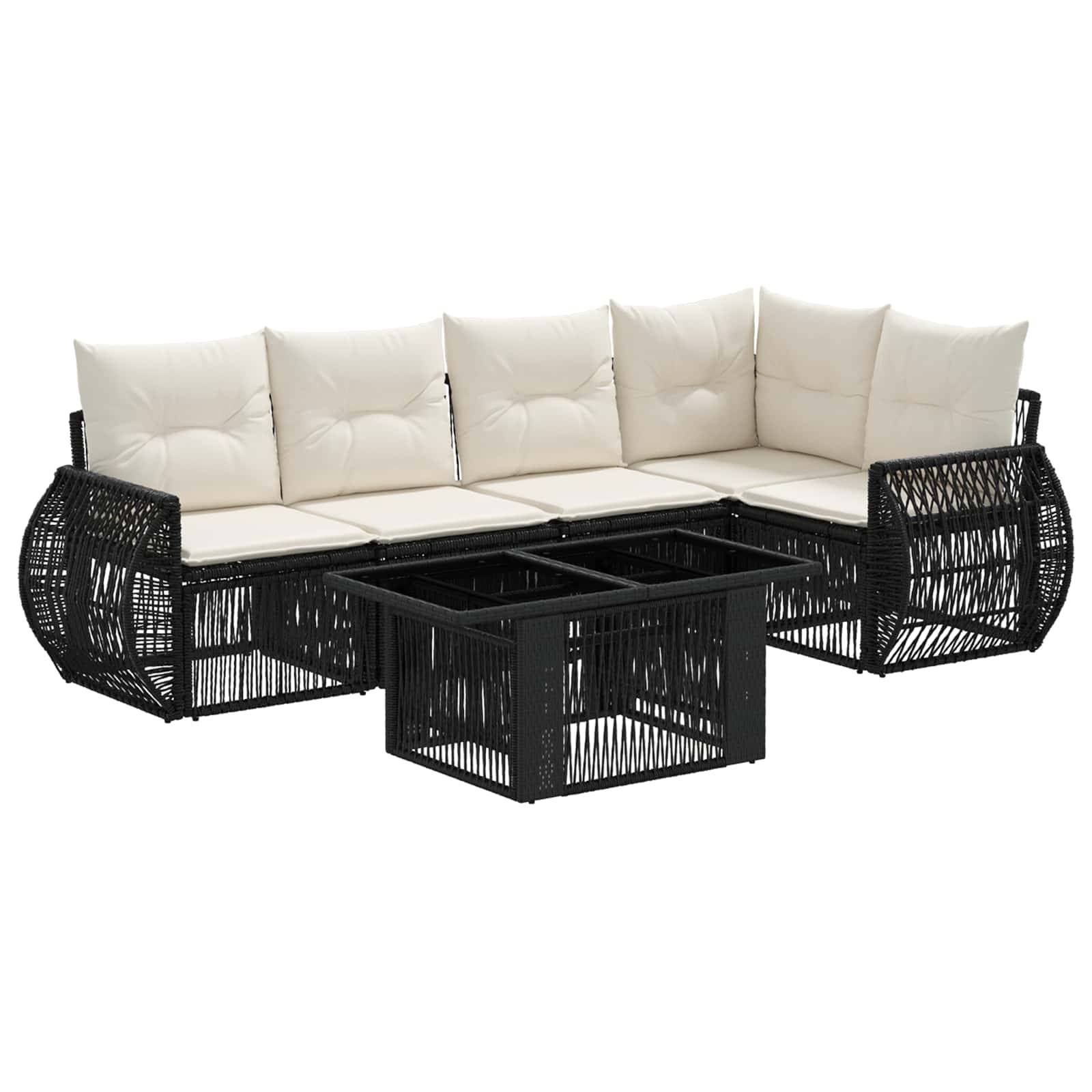 Schwarzes gewobenes Outdoor-Ecksofa mit cremefarbenen Kissen und passendem quadratischem Couchtisch mit Glasplatte auf weißem Hintergrund.