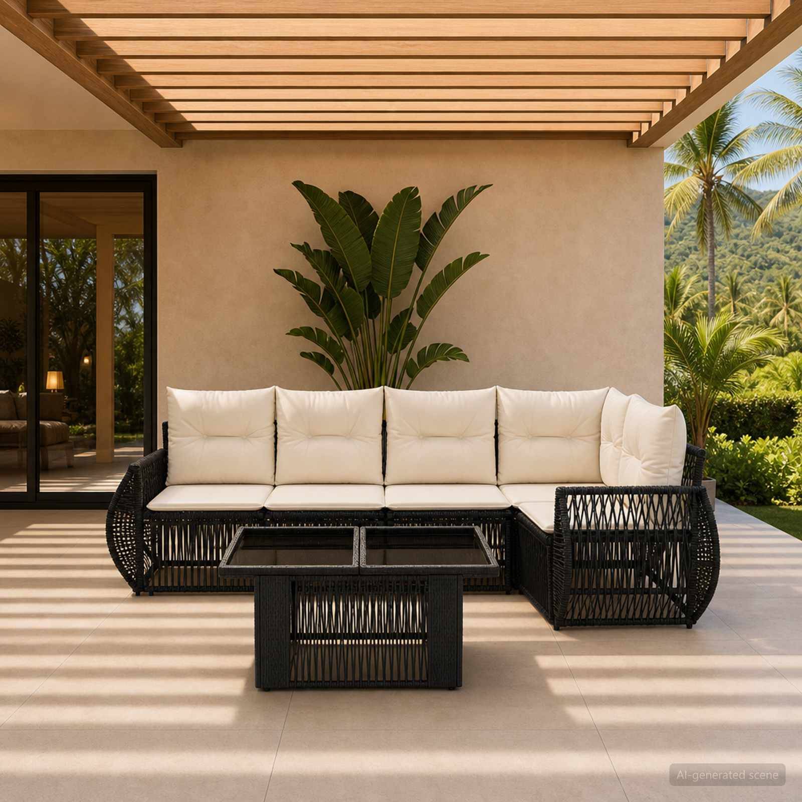 Moderne Außenterrasse mit einem schwarzen geflochtenen Ecksofa, cremefarbenen Kissen und niedrigem Couchtisch unter einer Lamellenpergola, mit tropischer Vegetation dahinter.
