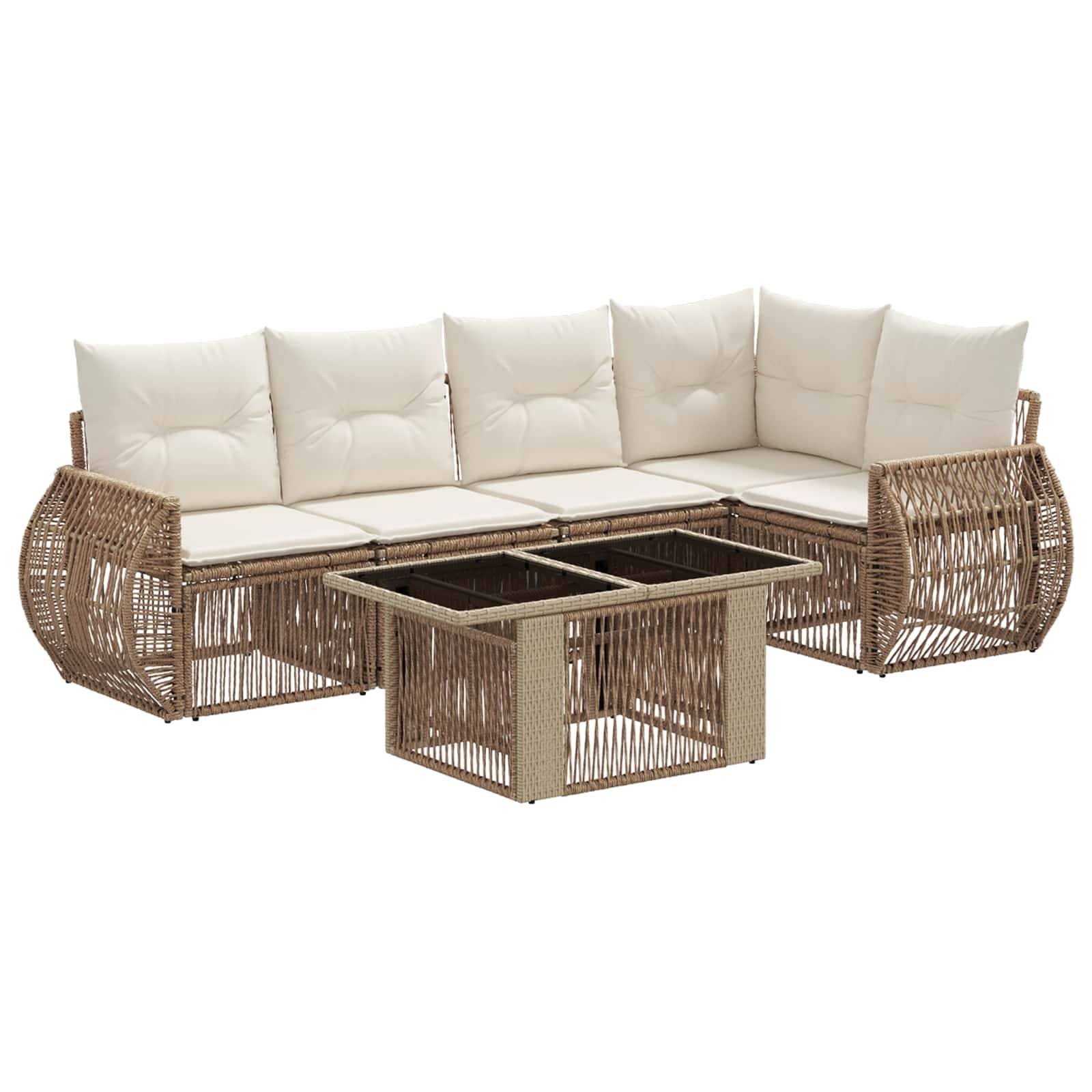Wickel-Außenbereichs-Ecksofa mit cremefarbenen Kissen und passendem quadratischem Couchtisch