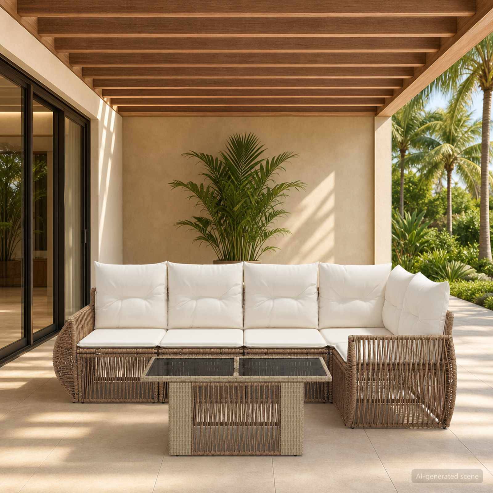 Outdoor-Terrasse mit Wicker-Ecksofa und Glaskaffeetisch unter einer hölzernen Pergola, umrahmt von tropischen Pflanzen und Palmen.