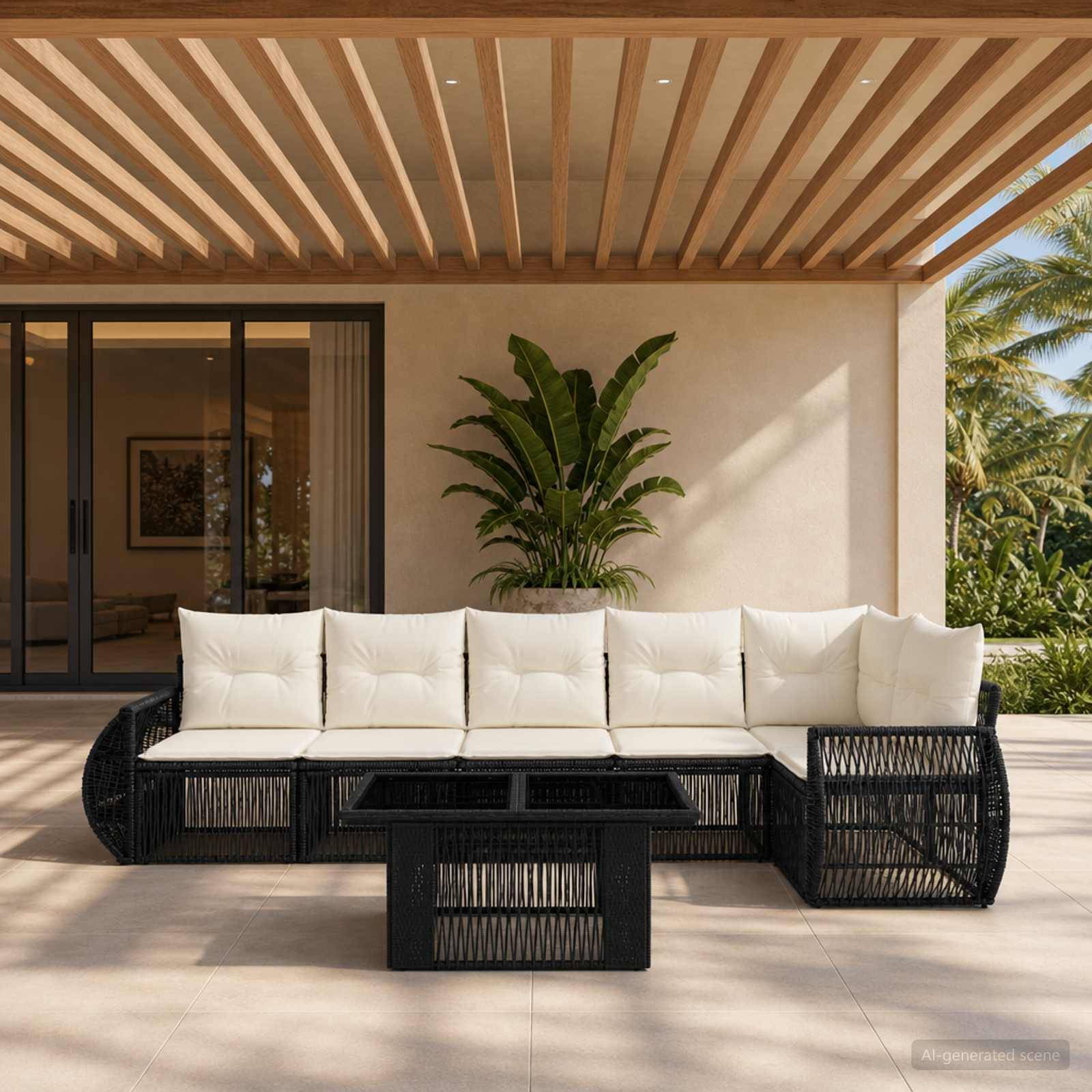 Moderne Außenterrasse mit schwarzem Rattan-Sofa und Couchtisch, weißen Kissen und einer Topfpflanze unter einer lamellenbespannten Pergola.