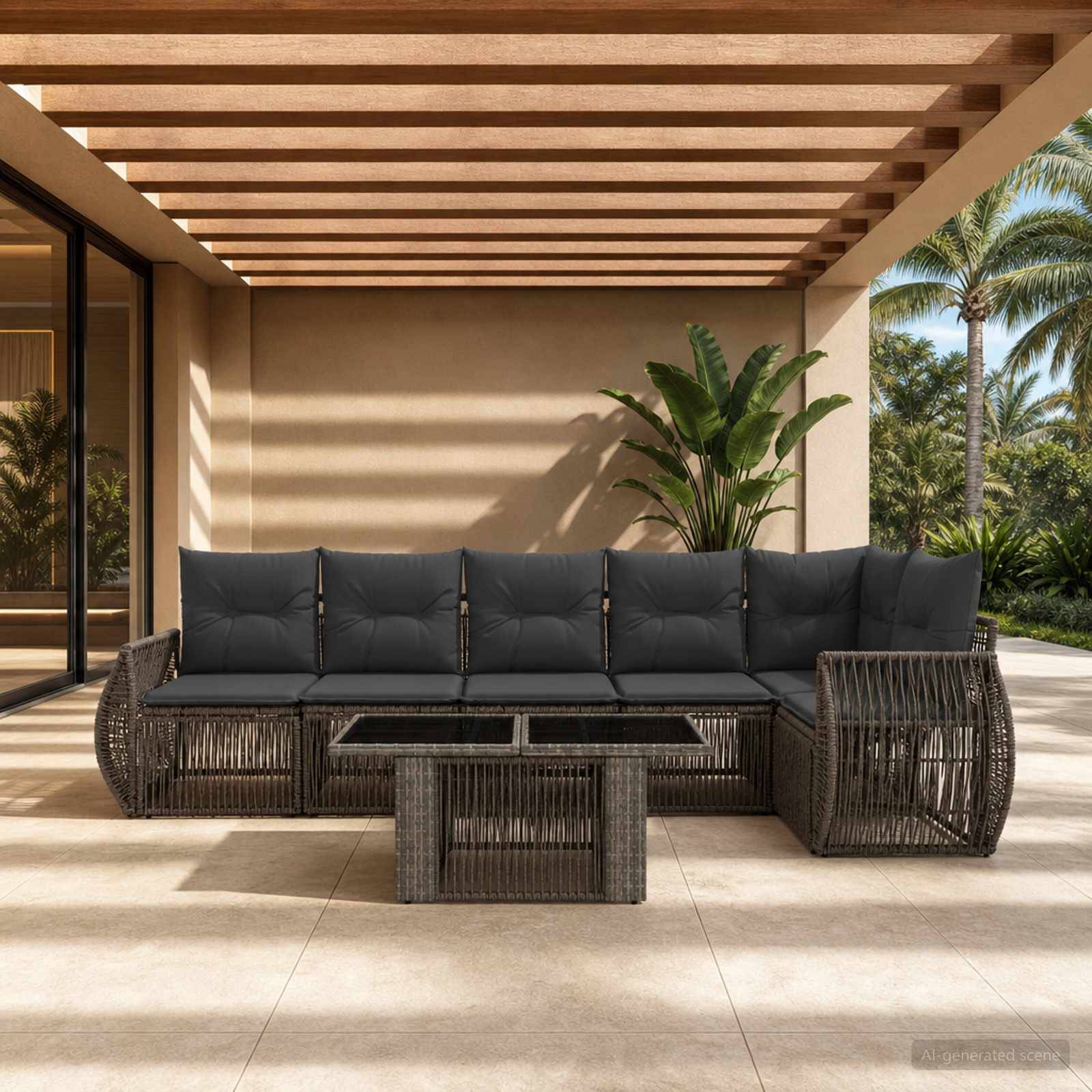 Außenbereich mit Terrassensitzplatz mit Korbsektionalsofa und Couchtisch unter einer lamellierten Pergola, umrahmt von tropischen Pflanzen und Palmen.