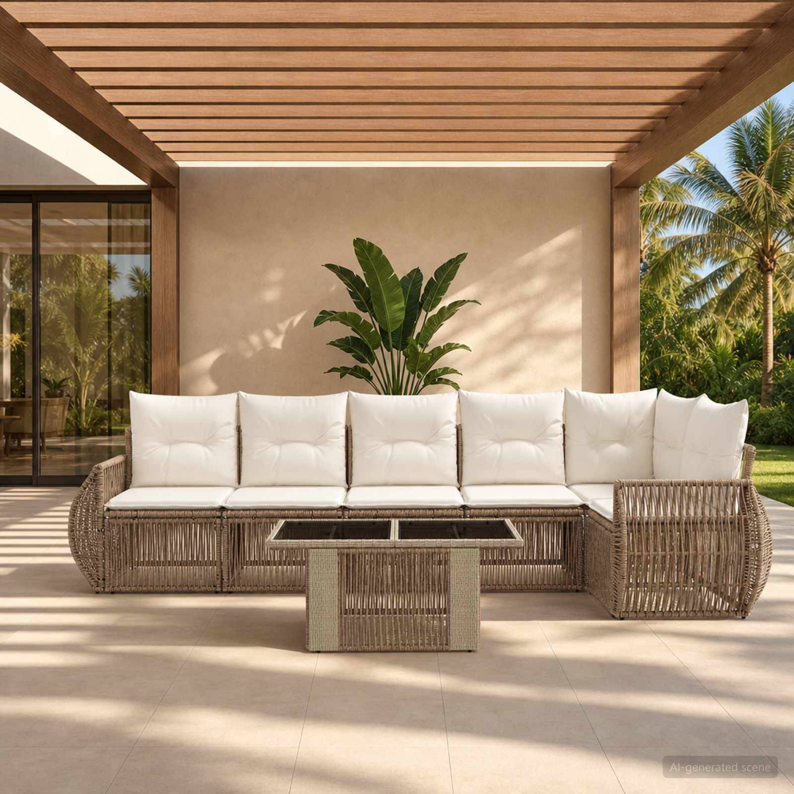 Outdoor-Terrasse mit einem Korbsektional-Sofa, weißen Kissen und passendem Couchtisch unter einer lamellenbespannten Pergola, mit Palmen im Hintergrund.