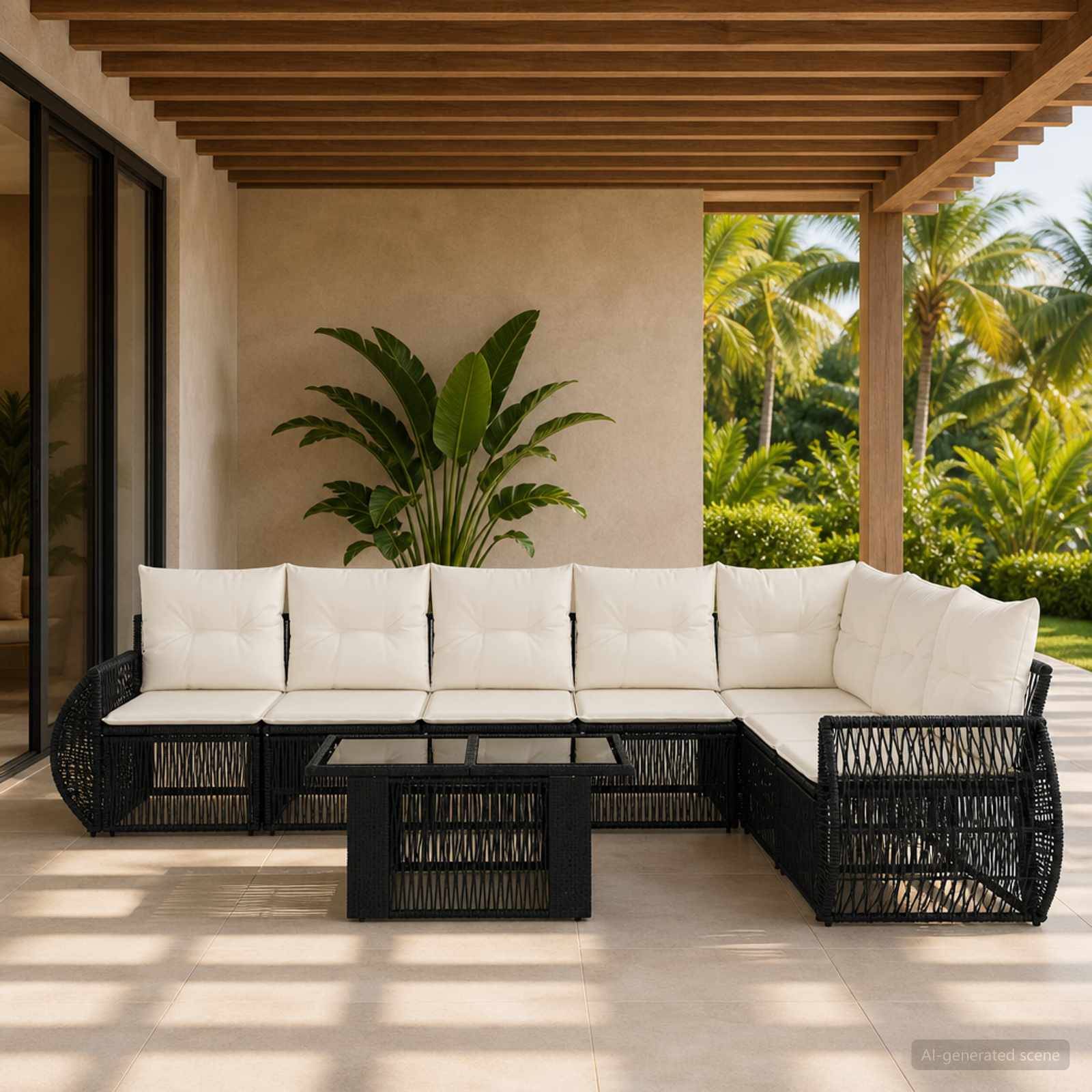 Moderne Außenterrasse mit einem L-förmigen schwarzen Rattan-Ecksofa, weißen Kissen und einem zentralen Couchtisch unter einer Holzpergola, mit tropischen Pflanzen und Palmen im Hintergrund.