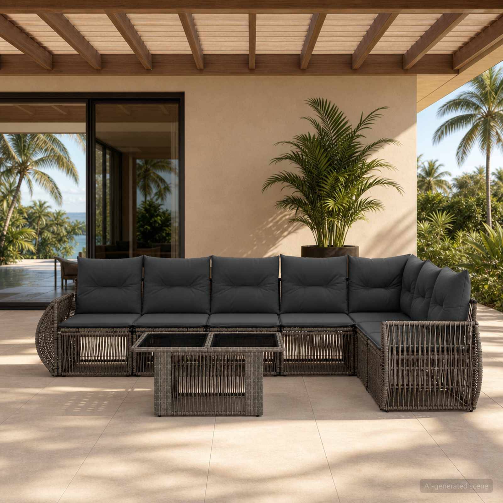 Außenterrasse mit einem dunklen geflochtenen Ecksofa und passenden Couchtischen unter einem schattigen Dach, mit tropischen Palmen und Meerblick im Hintergrund.