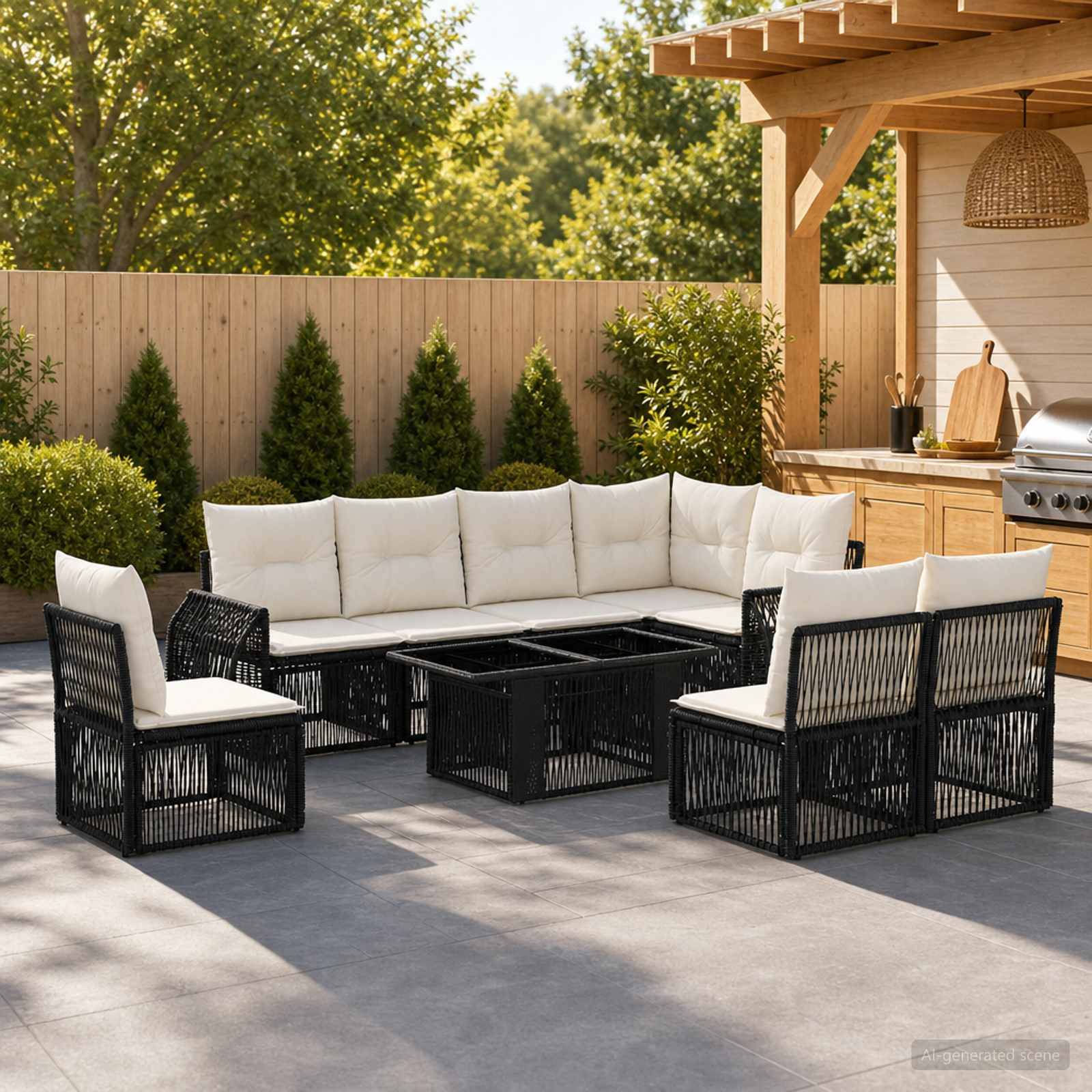 Außenbereich-Sitzmöbelset mit schwarzen Rattanmöbeln und Stühlen um einen zentralen Tisch, neben einem eingebauten Grill und einer Holzpergola in einem umzäunten Hinterhof.