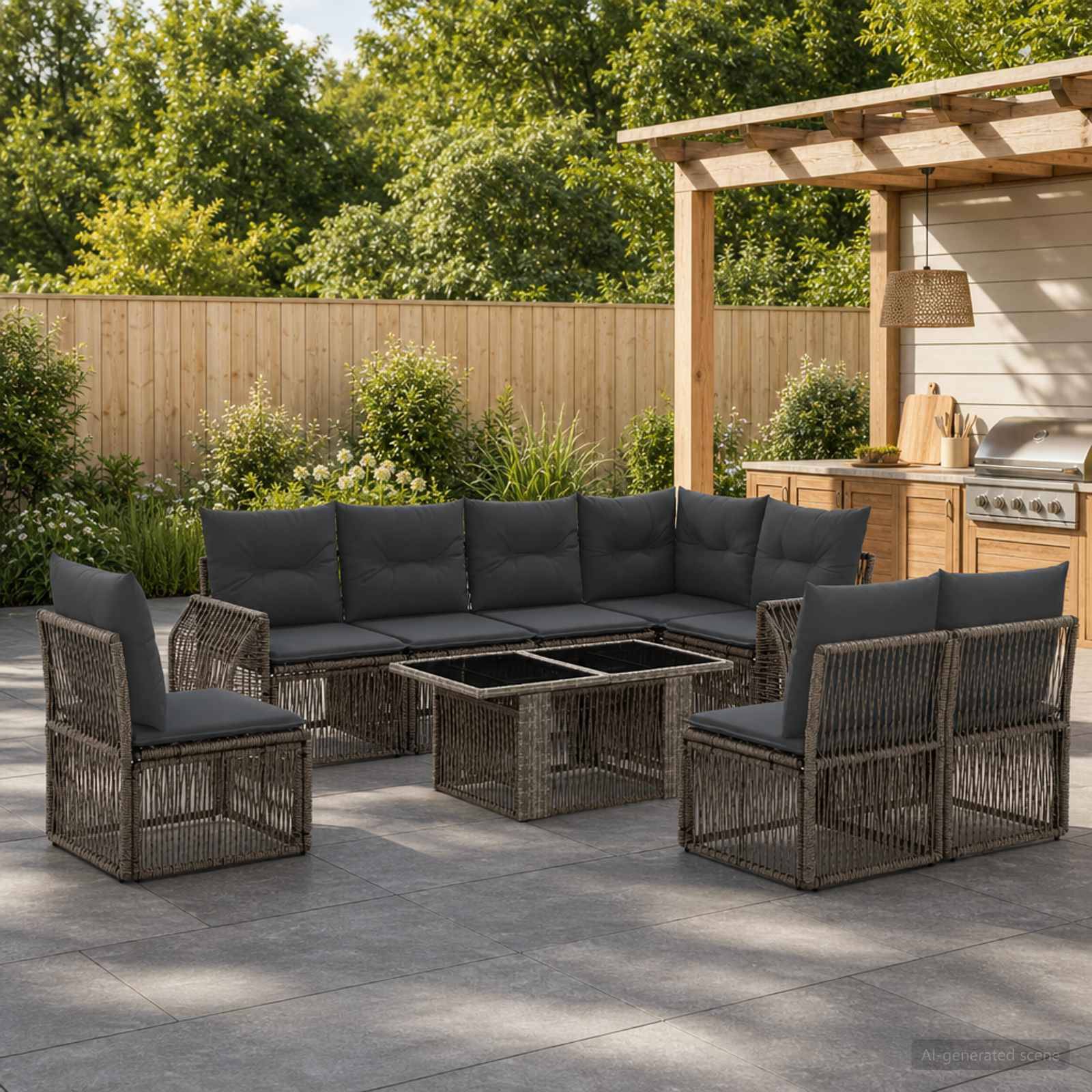 Gartensitzgarnitur im Freien mit dunklem Rattansofa, Sesseln und Glastisch neben einem Gartengrill und einer Pergola.