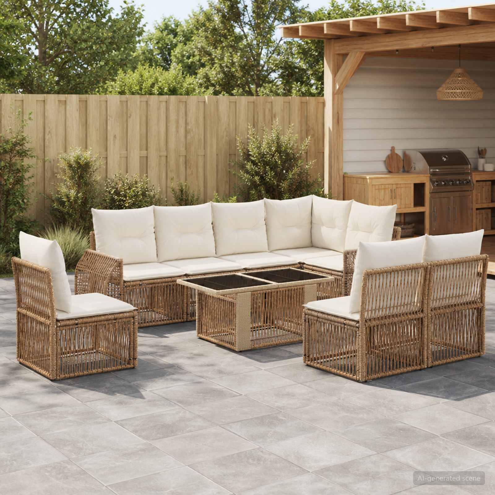 Gartenmöbel-Set für die Terrasse mit Korbsofa, Stühlen und Couchtisch auf einer gekachelten Terrasseaus Hintergrund neben einem Grillbereich und Holzzaun.