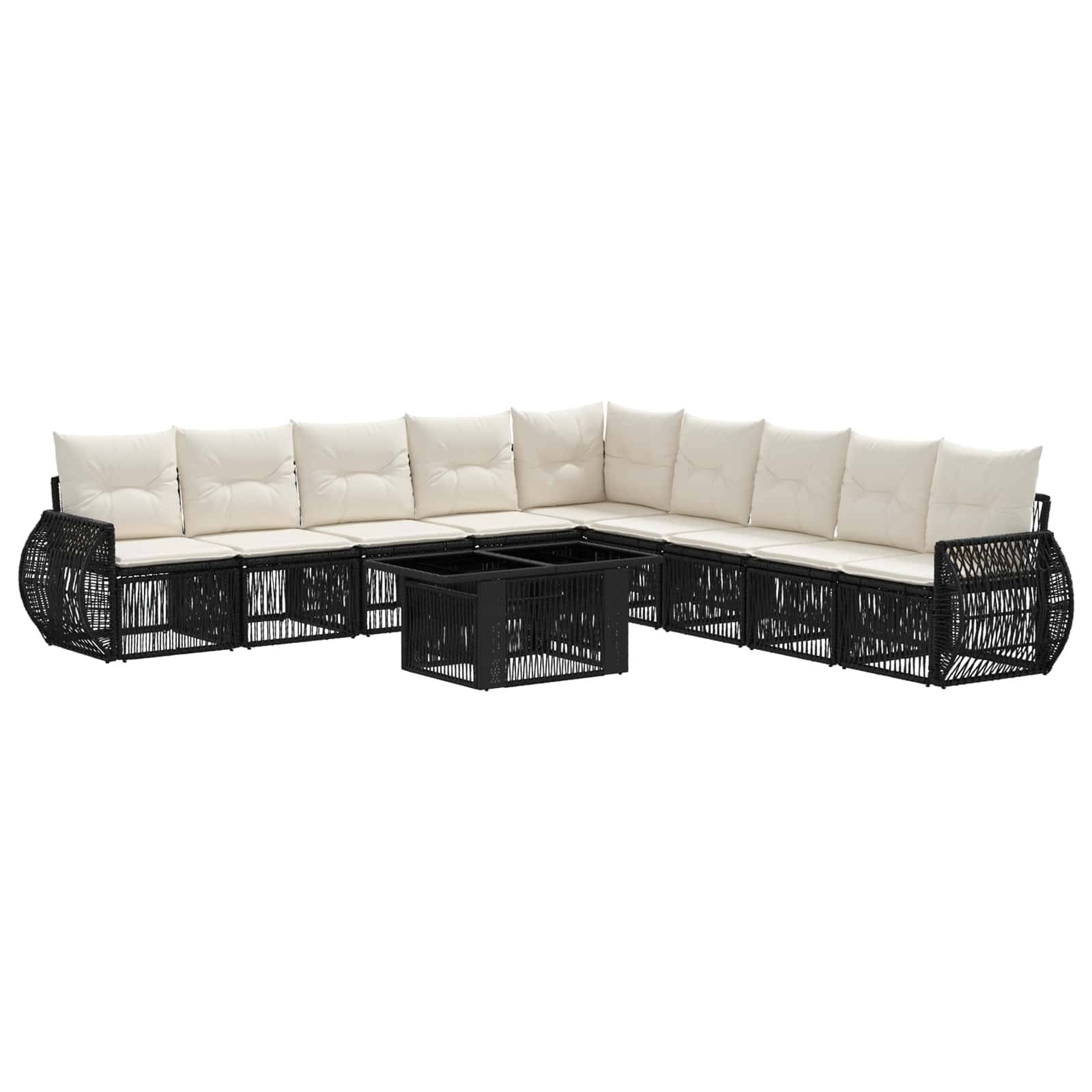 L-förmiges Außen-Ecksofa mit beigen Kissen, schwarzem geflochtenem Rahmen und passendem quadratischem Couchtisch auf weißem Hintergrund.