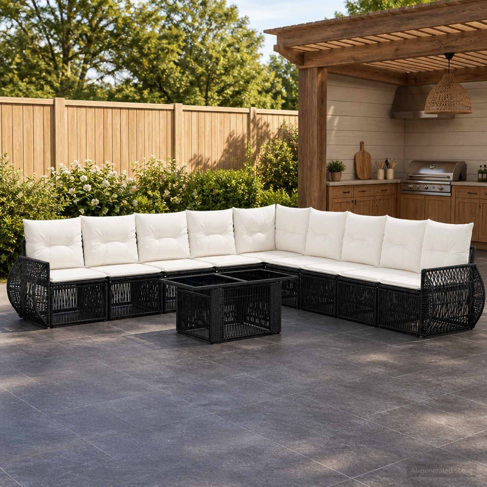 Outdoor-Terrassensofa mit weißen Kissen und schwarzem Rattanrahmen, angeordnet um einen passenden Couchtisch in einer Sitzecke im Garten.