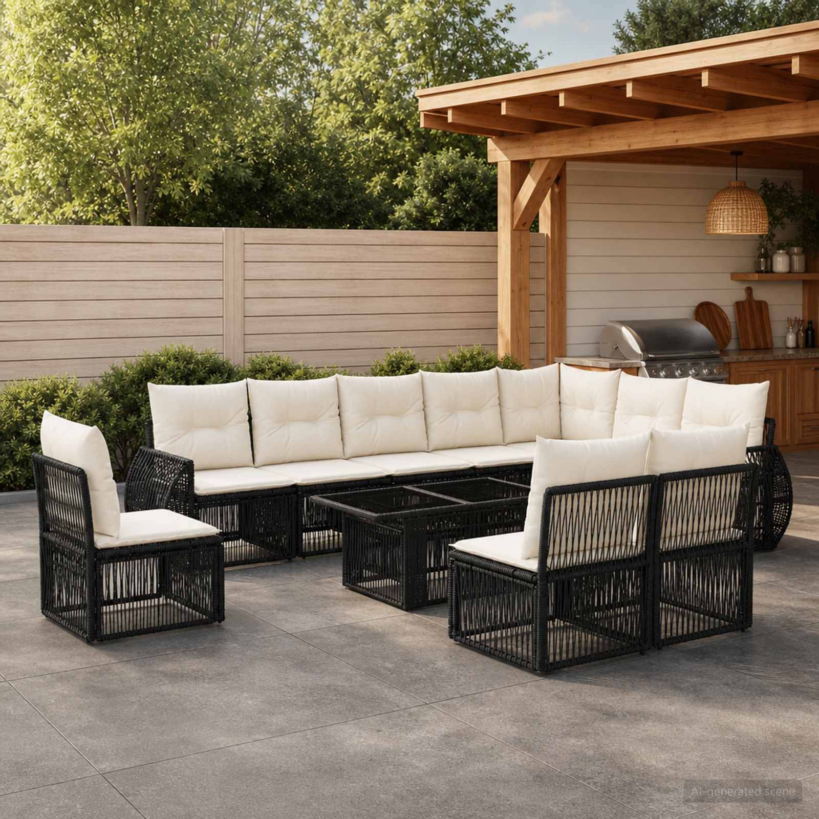 Außensitzbereich mit schwarzen Polyrattan-Ecksofa, weißen Kissen und Glastischen neben einer Holzpergola und einem Grill.