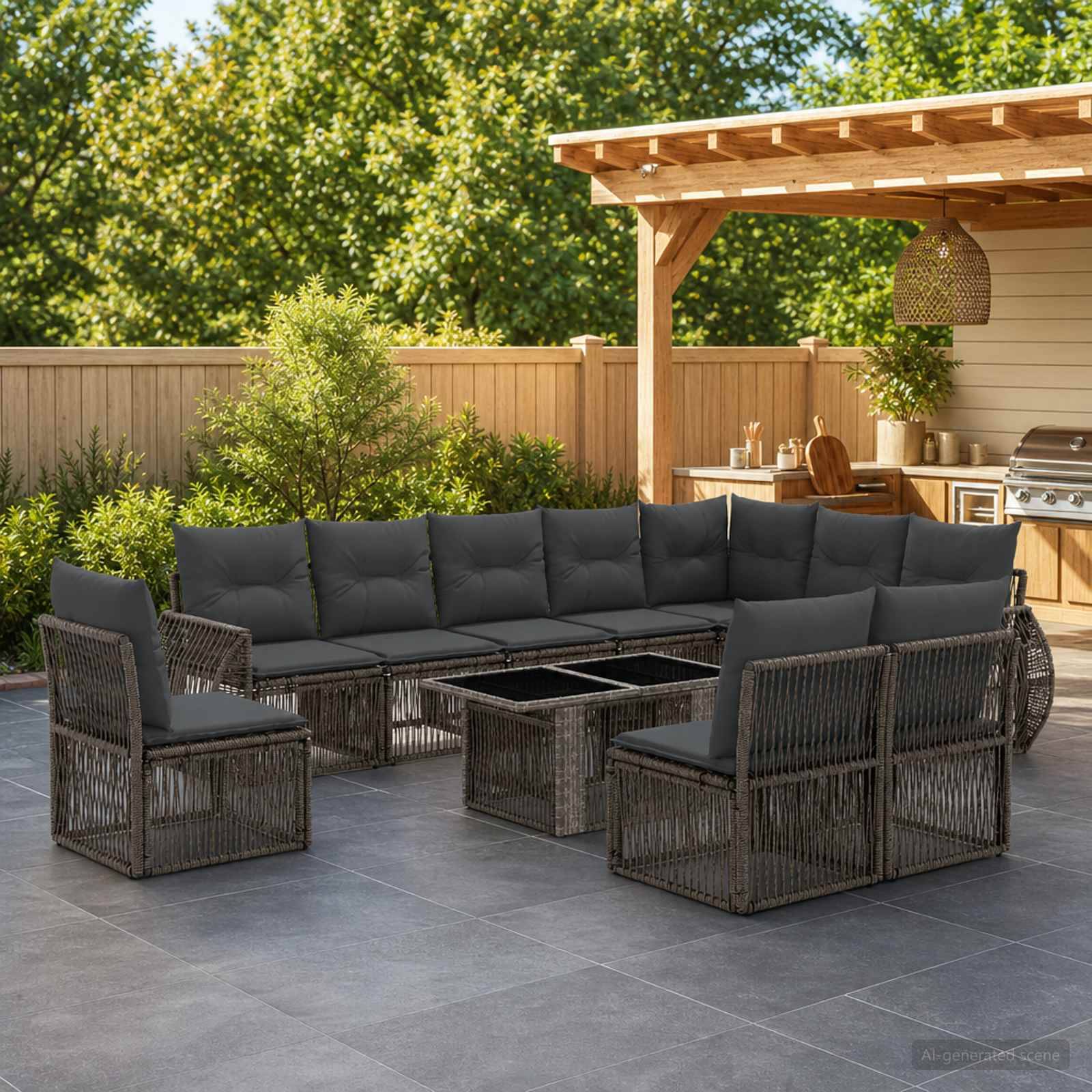 Outdoor-Terrasse mit dunklem Rattan-Ecksofa um quadratische Couchtische, neben einer überdachten Außenküche und Holzzaun in einem angelegten Hinterhof.