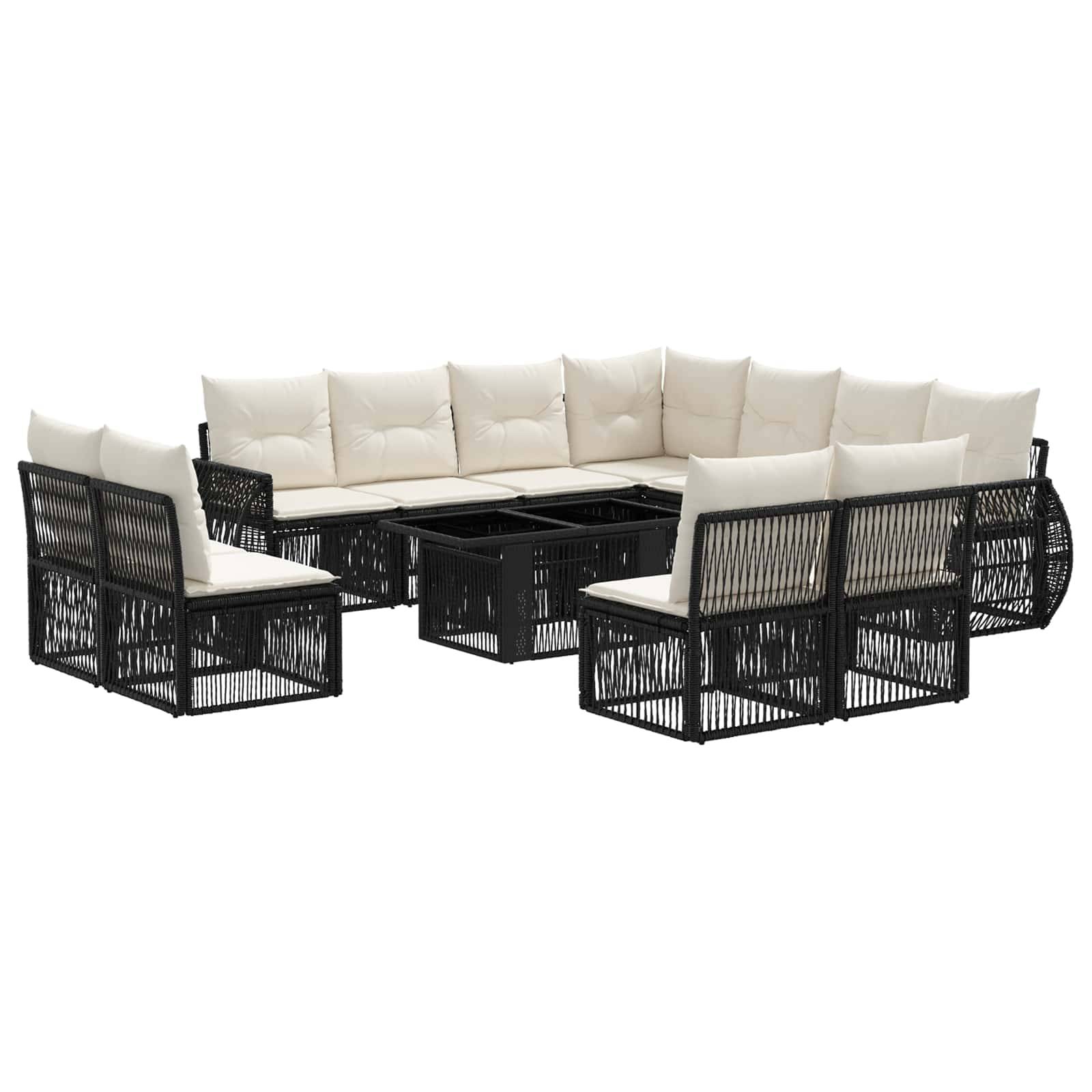 Schwarzes Polyrattan-Außen-Ecksofa-Set für die Terrasse mit cremefarbenen Kissen, bestehend aus Sofa, Stühlen und Couchtisch