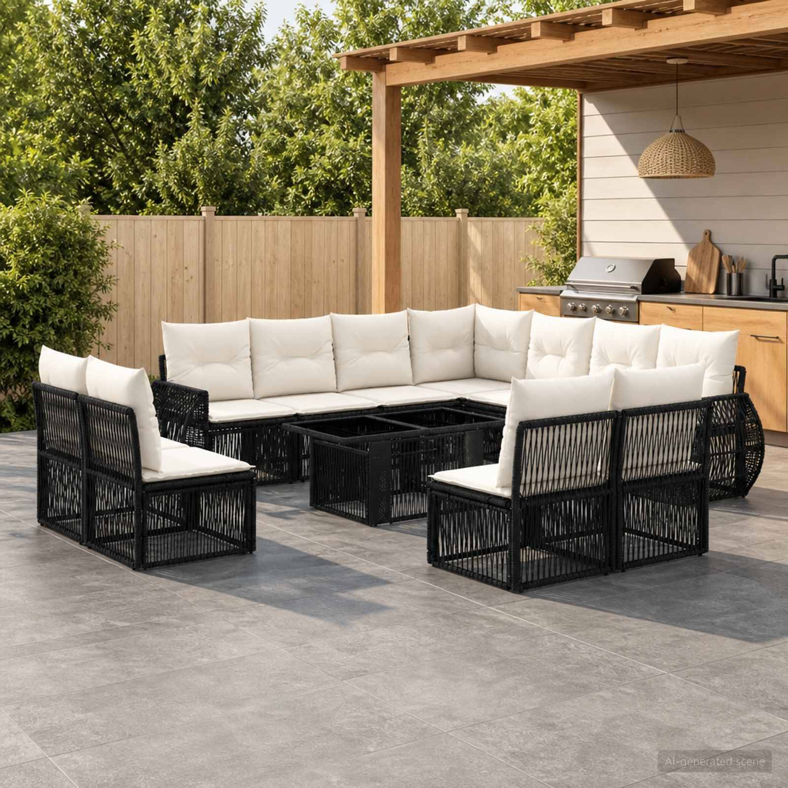 Outdoor-Terrasse mit einem schwarzen Rattansektional und weißen Kissen um einen quadratischen Couchtisch, neben einem überdachten Grill und Barbereich.