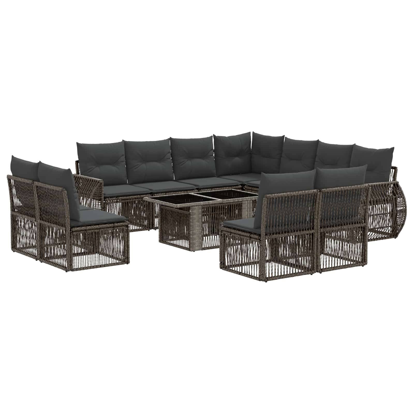 Outdoor-Rattanpolstermöbel-Set mit dunkelten Kissen und passender Glastisch-Couchtisch.