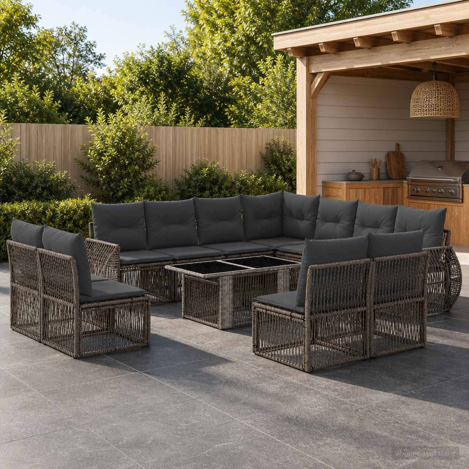 Terrasse im Freien mit gewebtem Ecksofa um eine quadratische Feuerstelle herum, neben einem überdachten Grillbereich und Holzzaun