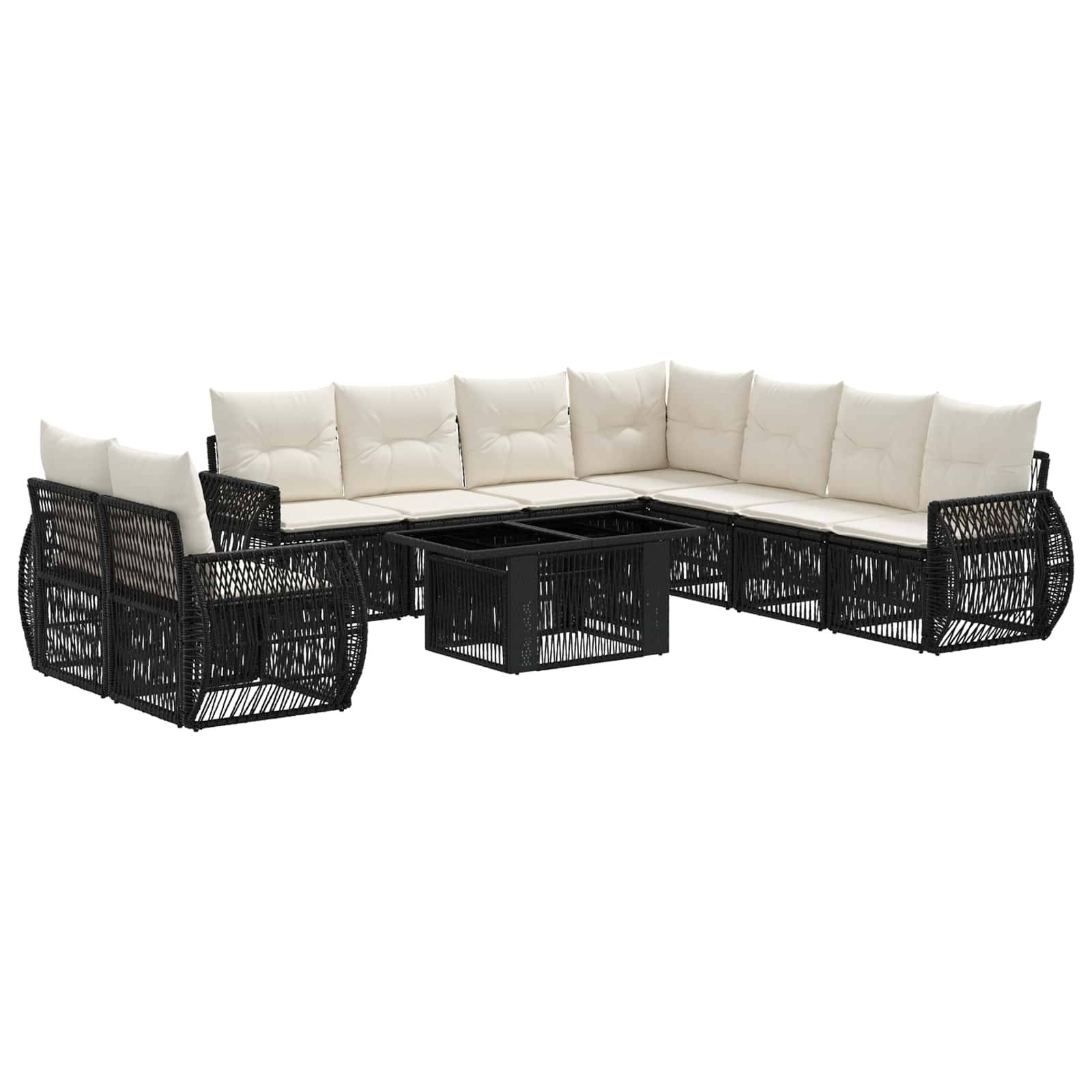 Schwarzes geflochtenes Rattan-Modulsofa für den Außenbereich mit cremefarbenen Kissen und passendem Couchtisch auf weißem Hintergrund